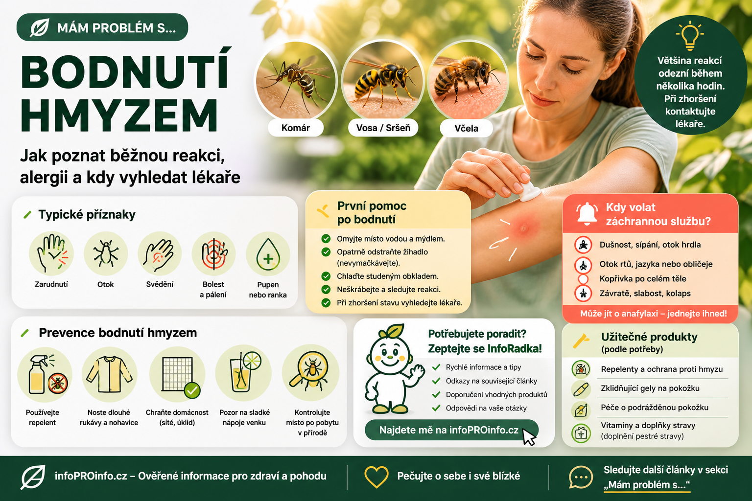 Bodnutí hmyzem: jak poznat běžnou reakci, alergii a kdy vyhledat pomoc