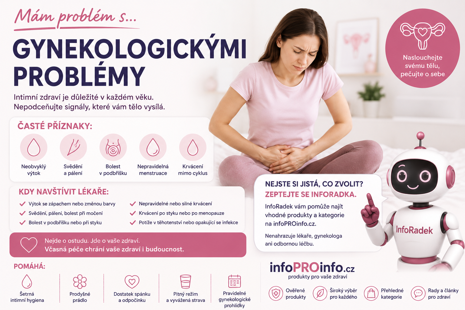 Gynekologické problémy: výtok, svědění, bolest, cyklus a kdy jít k lékaři