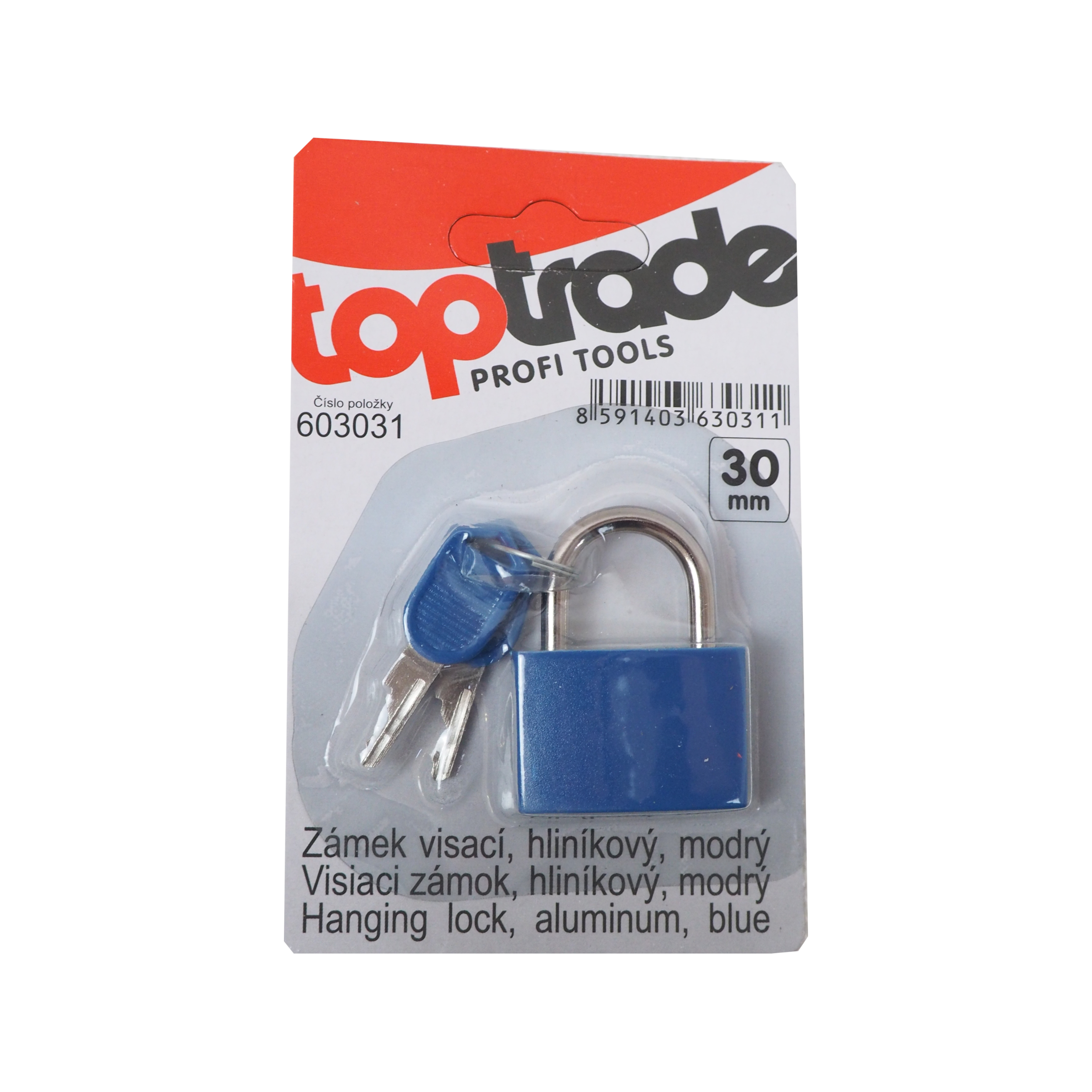 TOPTRADE visací zámek 30 mm, modrý, mosazná vložka, 2 klíče