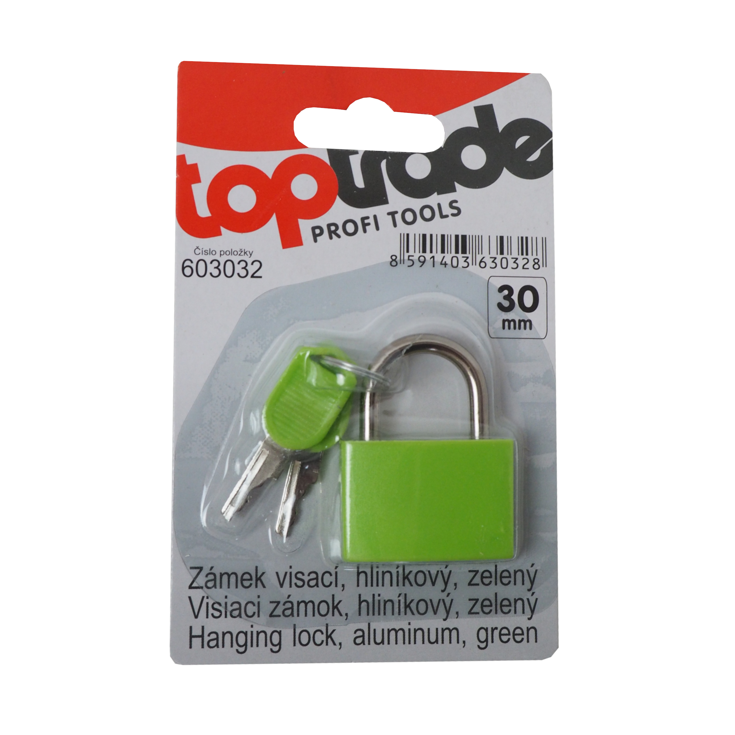 TOPTRADE visací zámek 30 mm zelený – mosazná vložka, 2 klíče