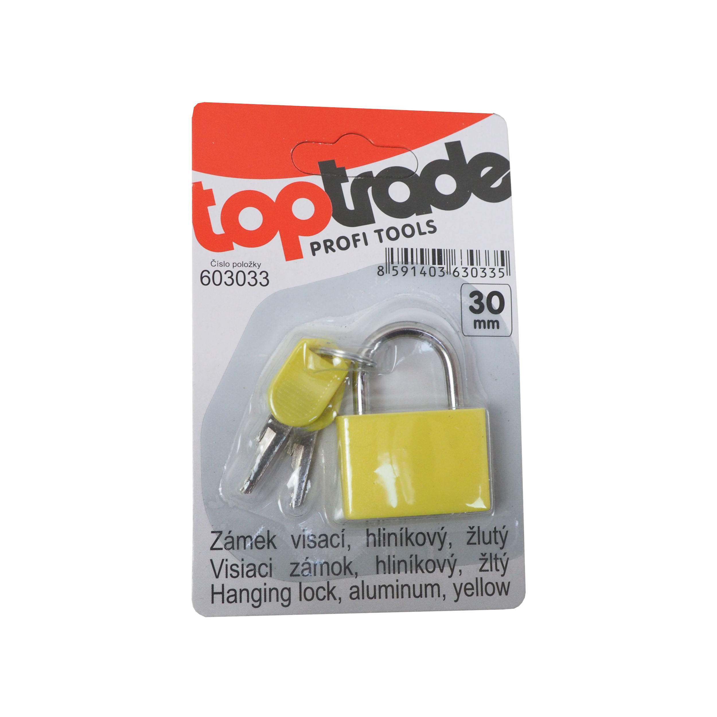 TOPTRADE visací zámek 30 mm žlutý – 2 klíče, mosazná vložka