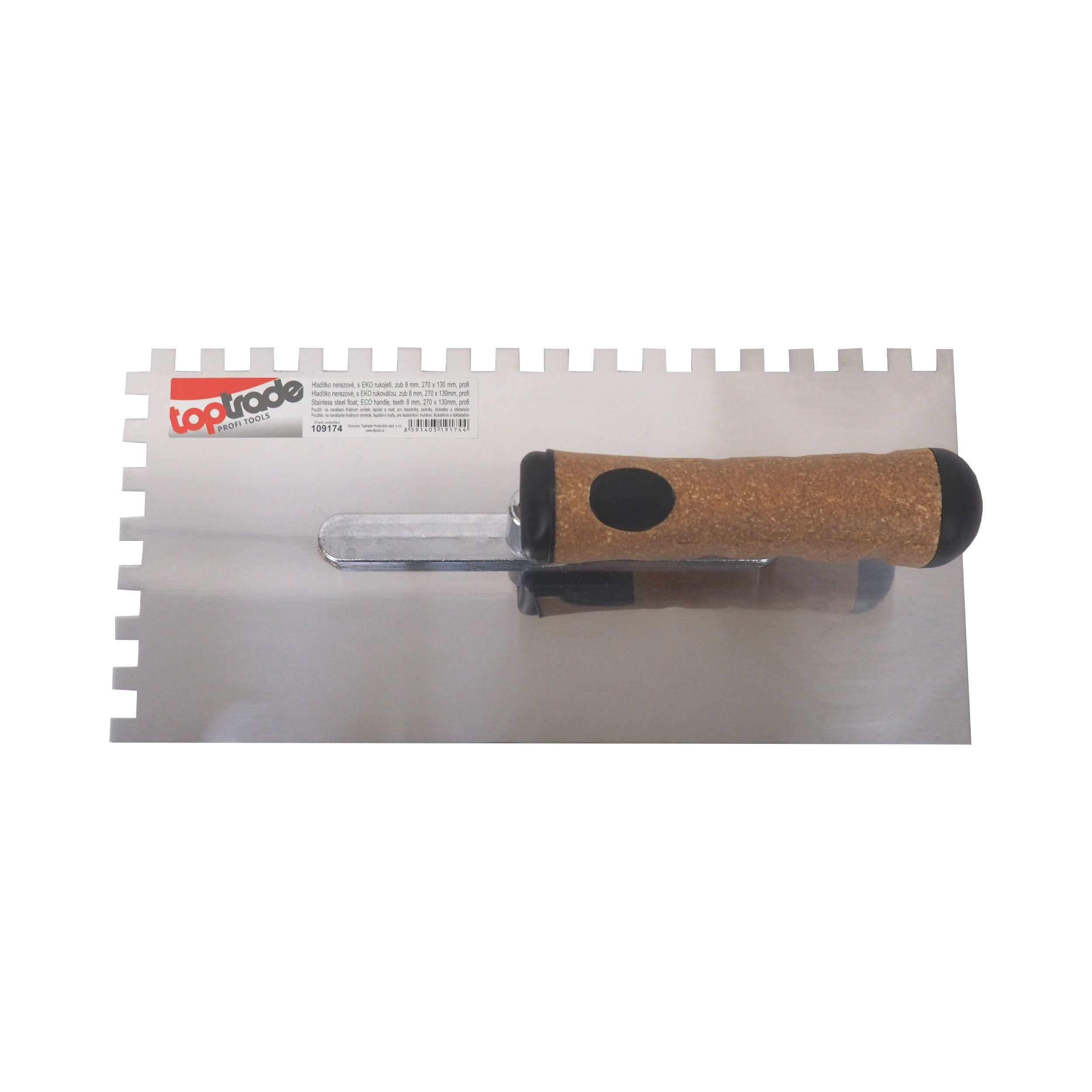TOPTRADE hladítko nerezové, s EKO rukojetí, zub 8 mm, 270 x 130 mm, profi