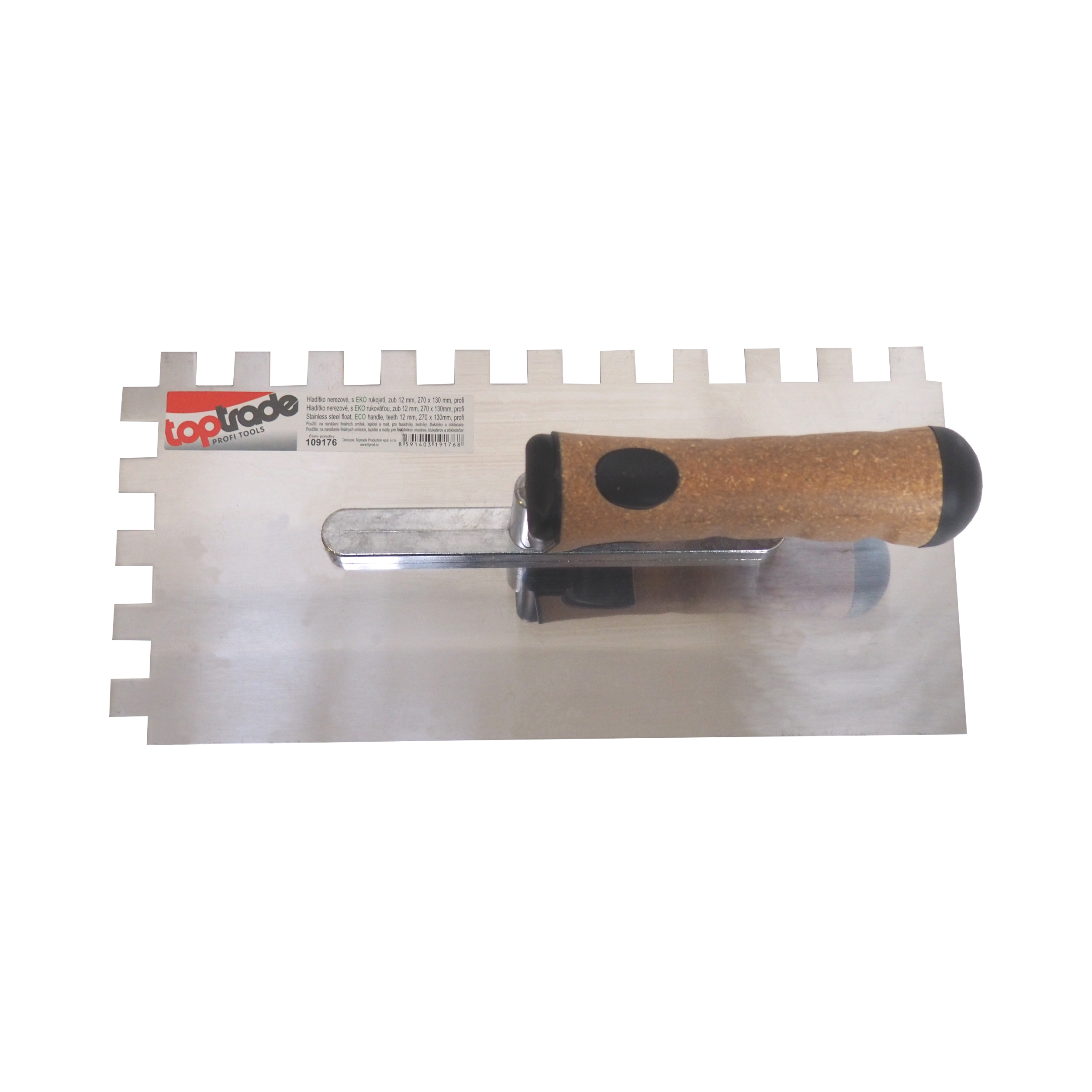 TOPTRADE hladítko nerezové, s EKO rukojetí, zub 12 mm, 270 x 130 mm, profi