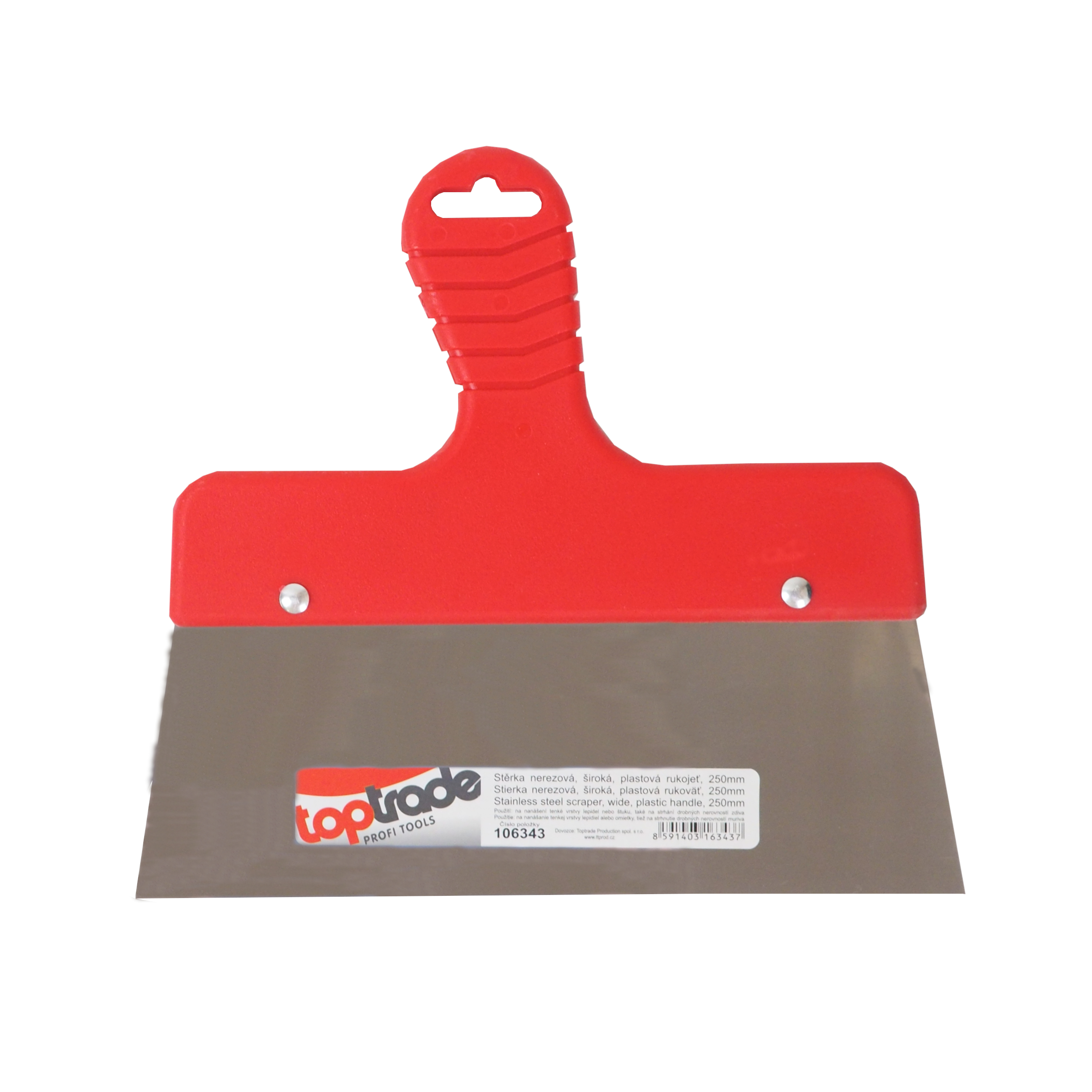 TOPTRADE stěrka nerezová široká 250 mm, plastová rukojeť