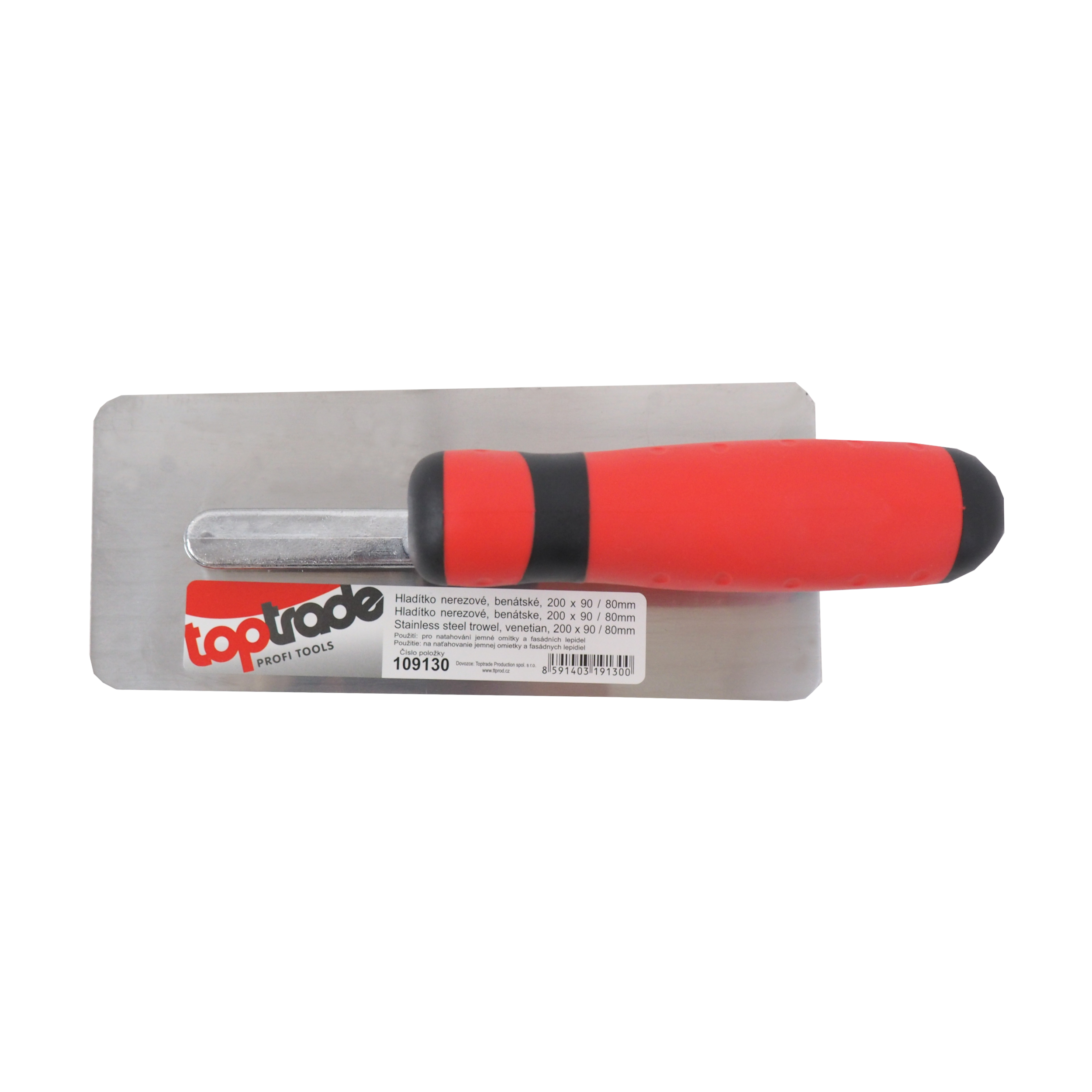 TOPTRADE benátské hladítko nerezové 200 × 90/80 mm, pogumovaná rukojeť