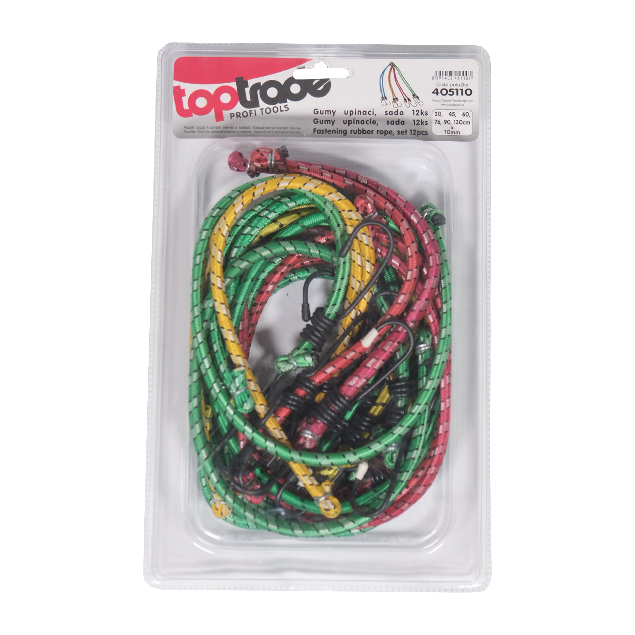 TOPTRADE gumolano s háčky Ø 10 mm – sada 12 ks, délky 30–130 cm
