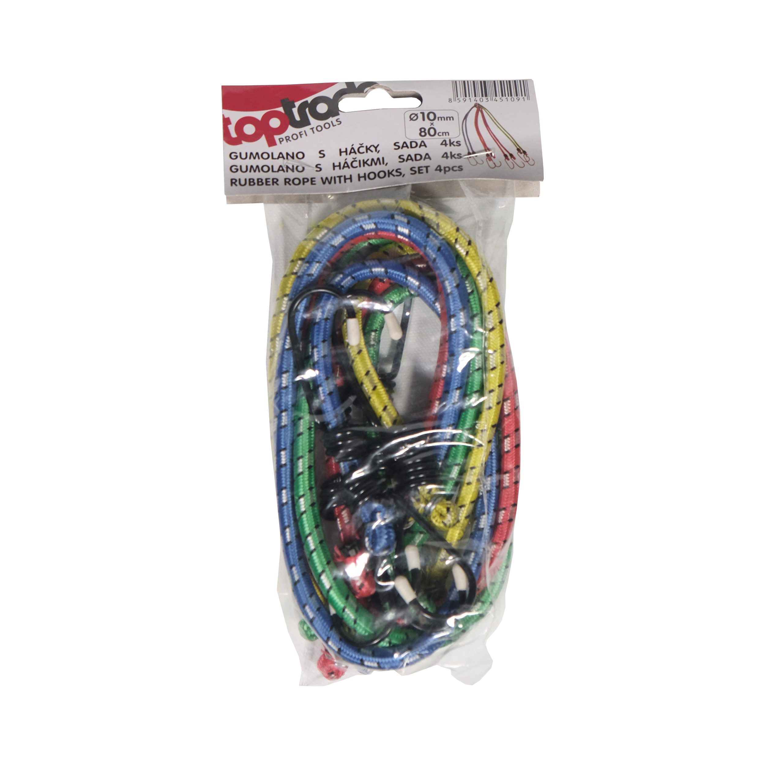 TOPTRADE gumolano s háčky Ø 10 mm × 80 cm – sada 4 ks