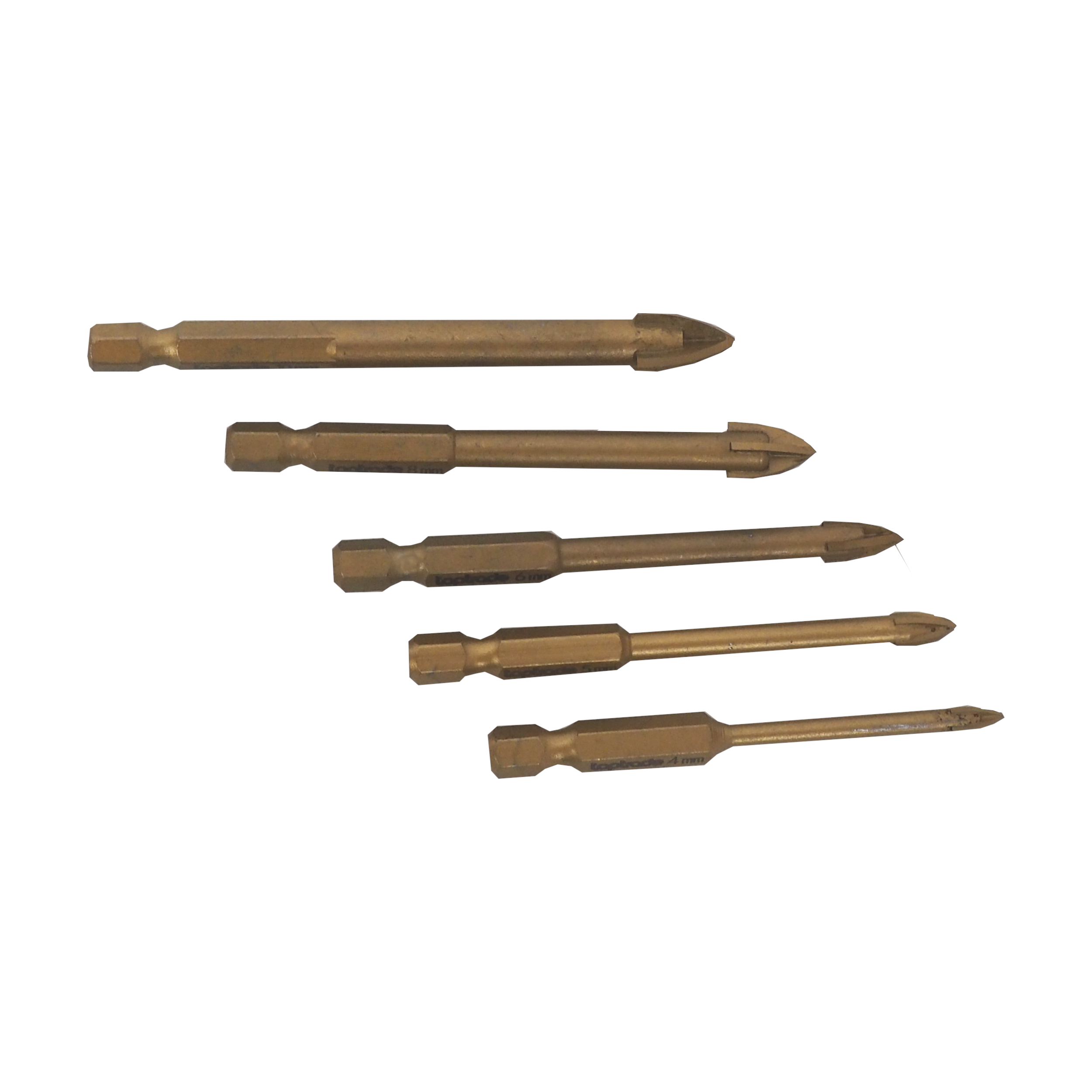 TOPTRADE sada vrtáků do skla, keramiky a dlažby 4–10 mm, Hex 1/4″, 5 ks