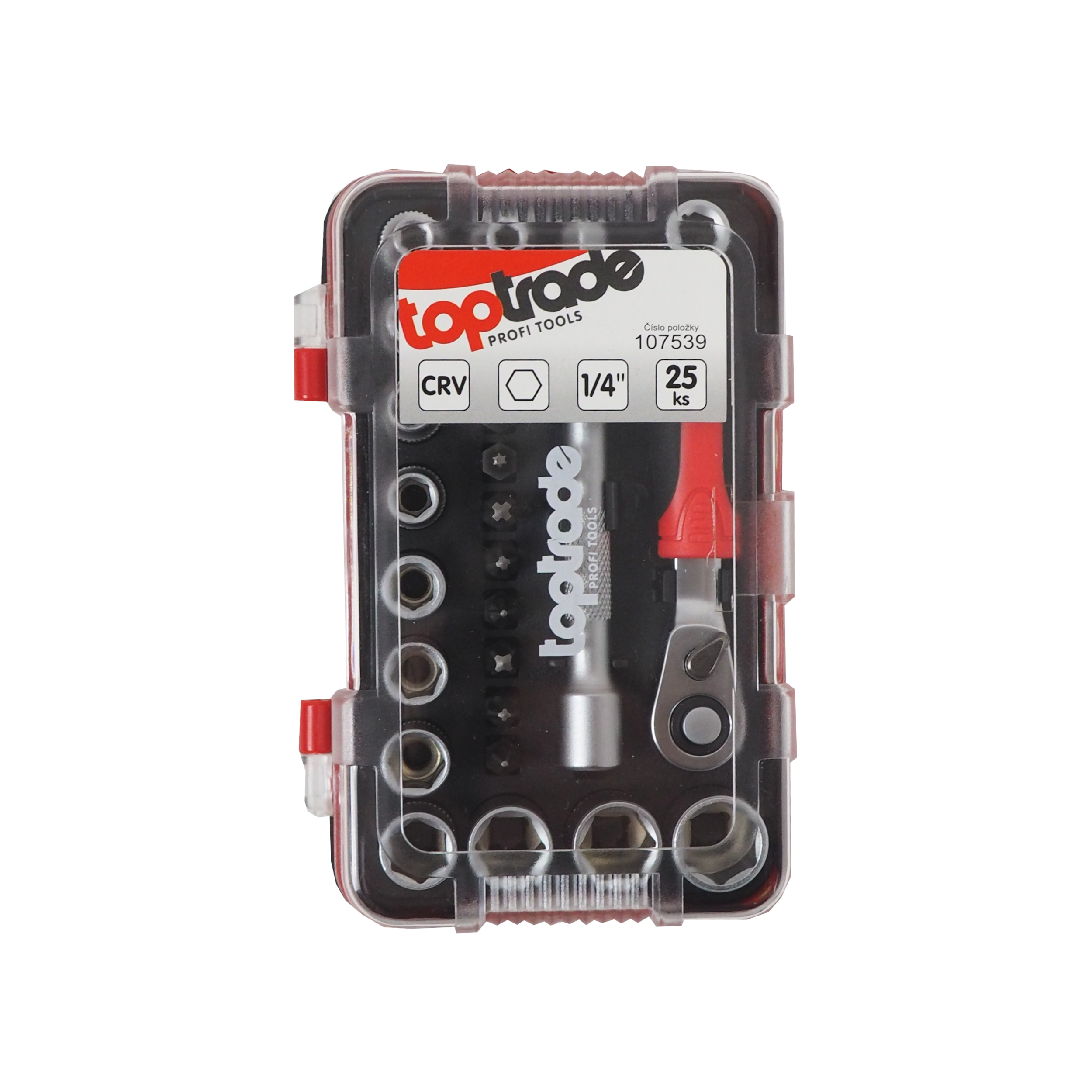 TOPTRADE Gola sada 1/4″ s ráčnou, bity S2 a hlavicemi 4–13 mm, 25 ks