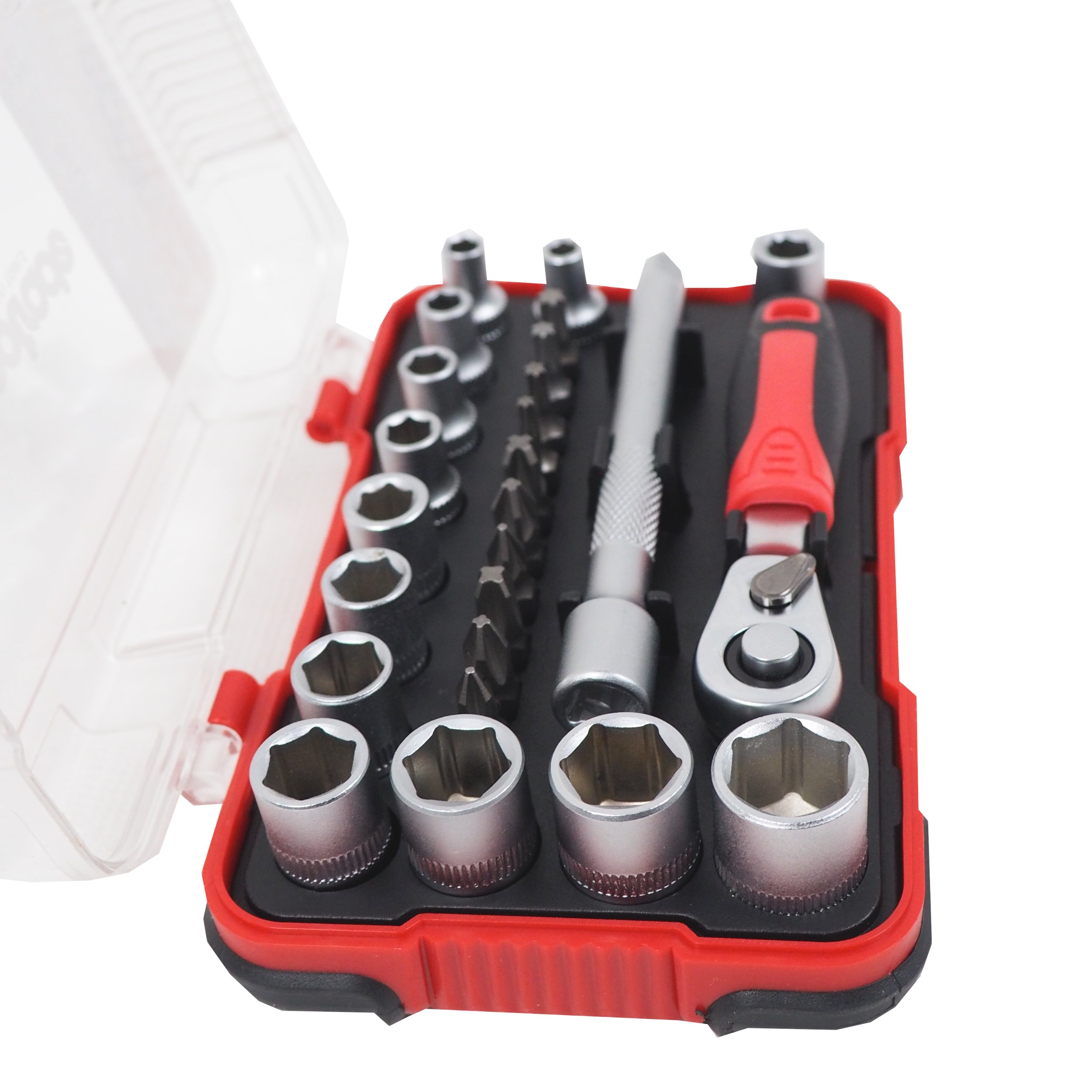 TOPTRADE Gola sada 1/4″ s ráčnou, bity S2 a hlavicemi 4–13 mm, 25 ks