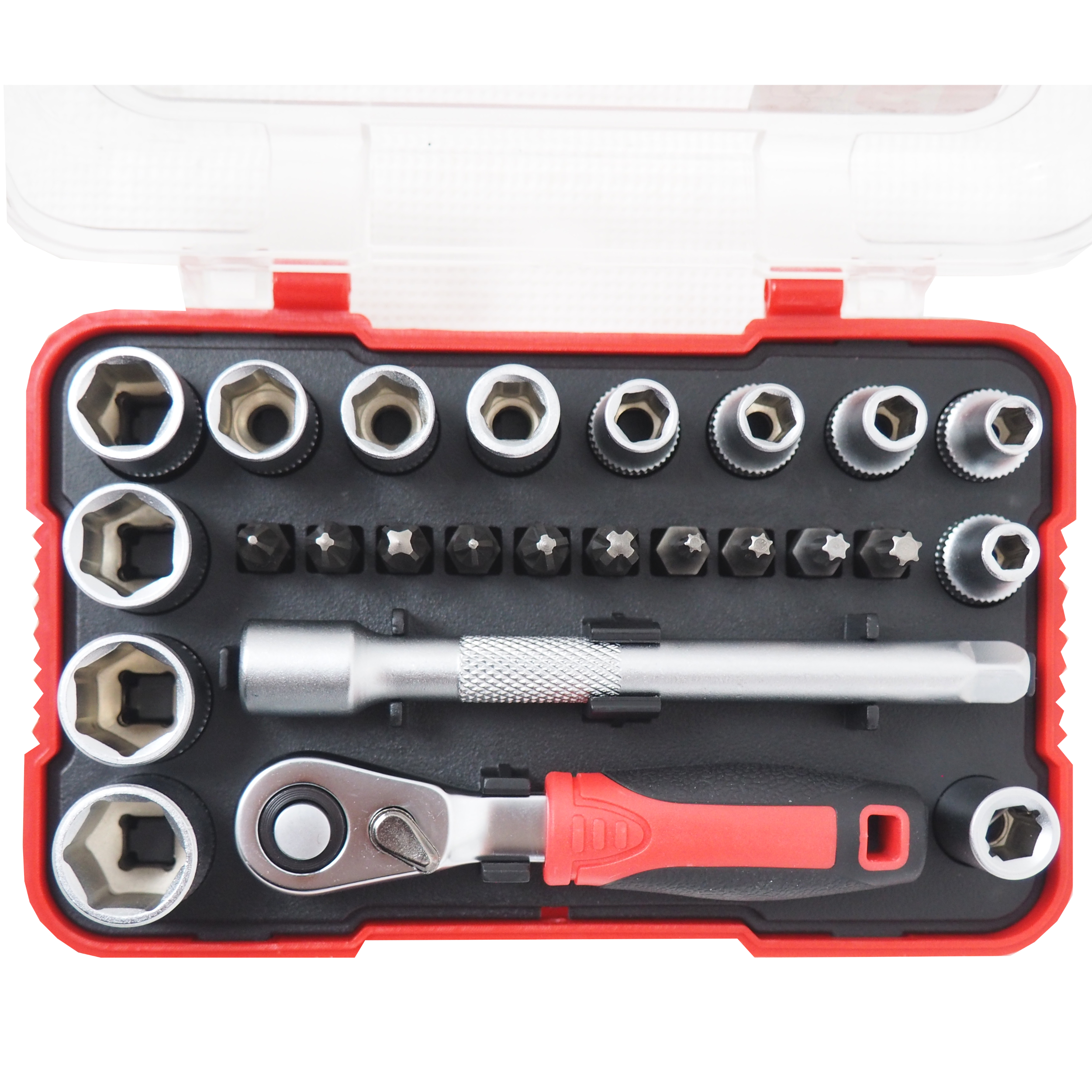TOPTRADE Gola sada 1/4″ s ráčnou, bity S2 a hlavicemi 4–13 mm, 25 ks
