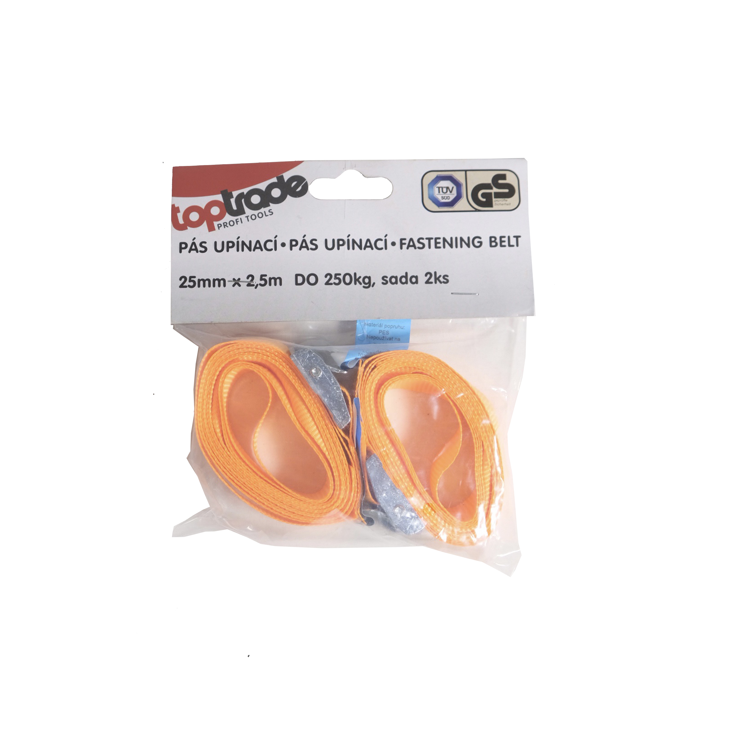 TOPTRADE upínací pás s přezkou 25 mm × 2,5 m, 250 kg (sada 2 ks)