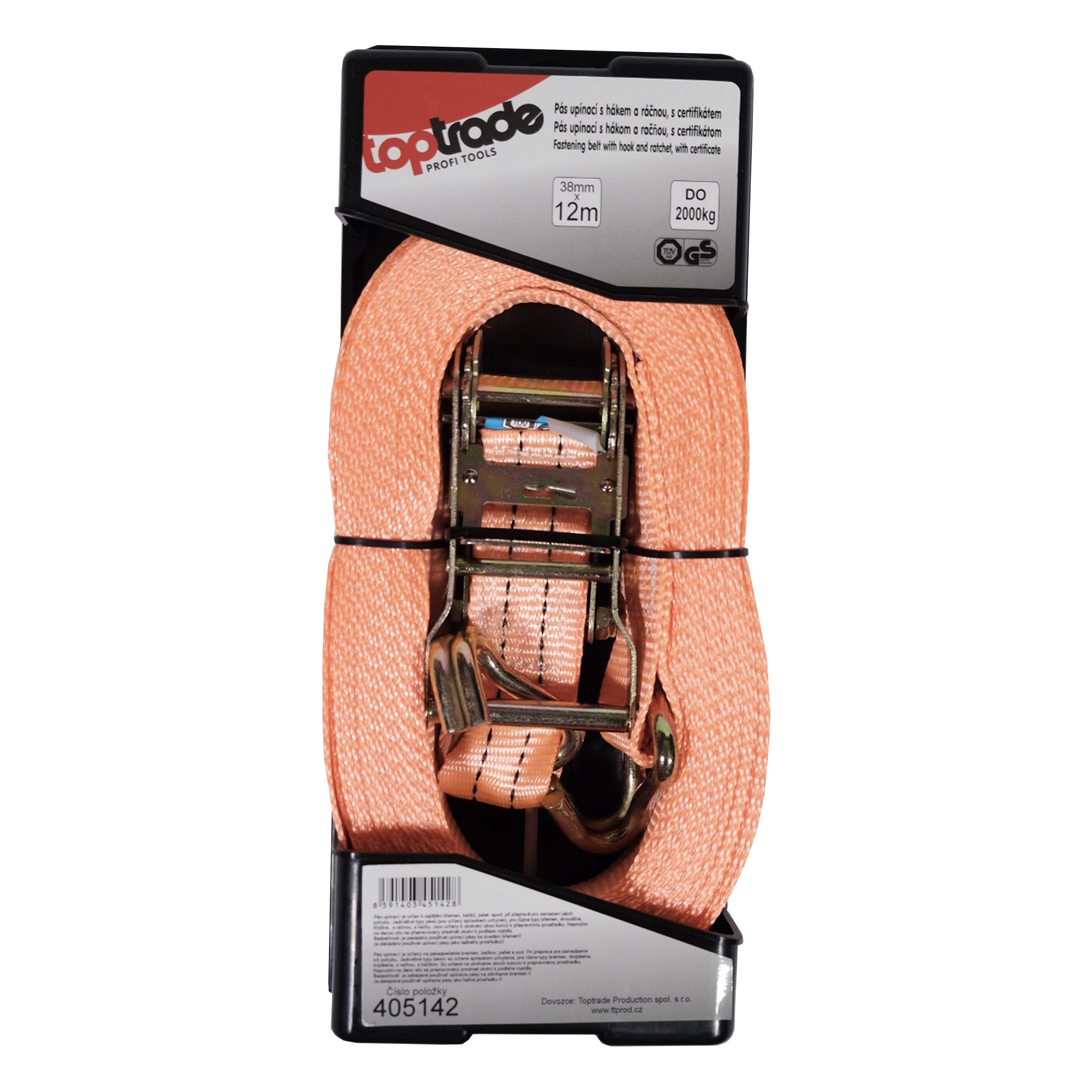 TOPTRADE upínací pás s ráčnou a háky 38 mm × 12 m, 2000 kg