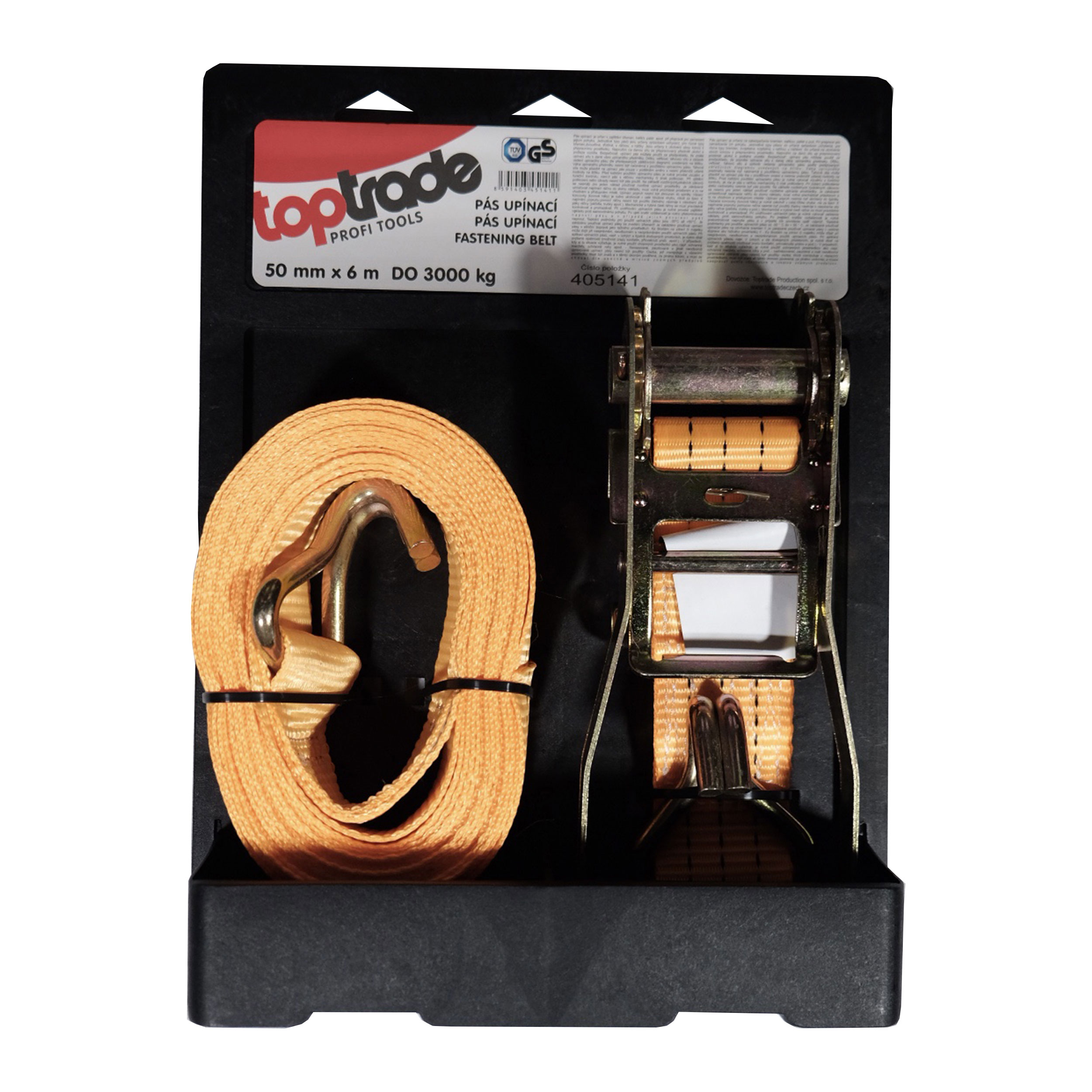TOPTRADE upínací pás s ráčnou a háky, 3 t, 50 mm × 6 m