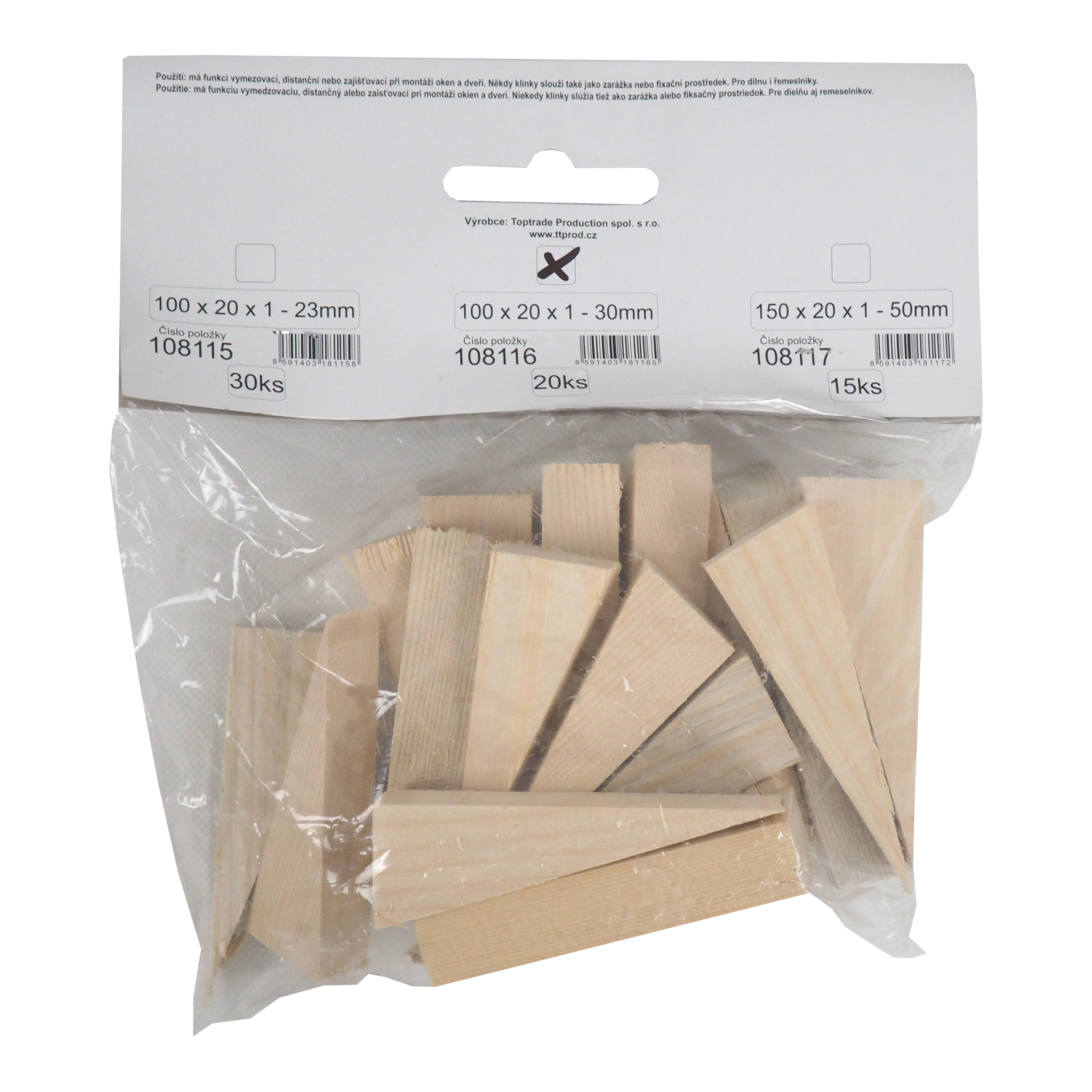 TOPTRADE dřevěné montážní klínky 20 ks, 100 × 20 × 30–1 mm
