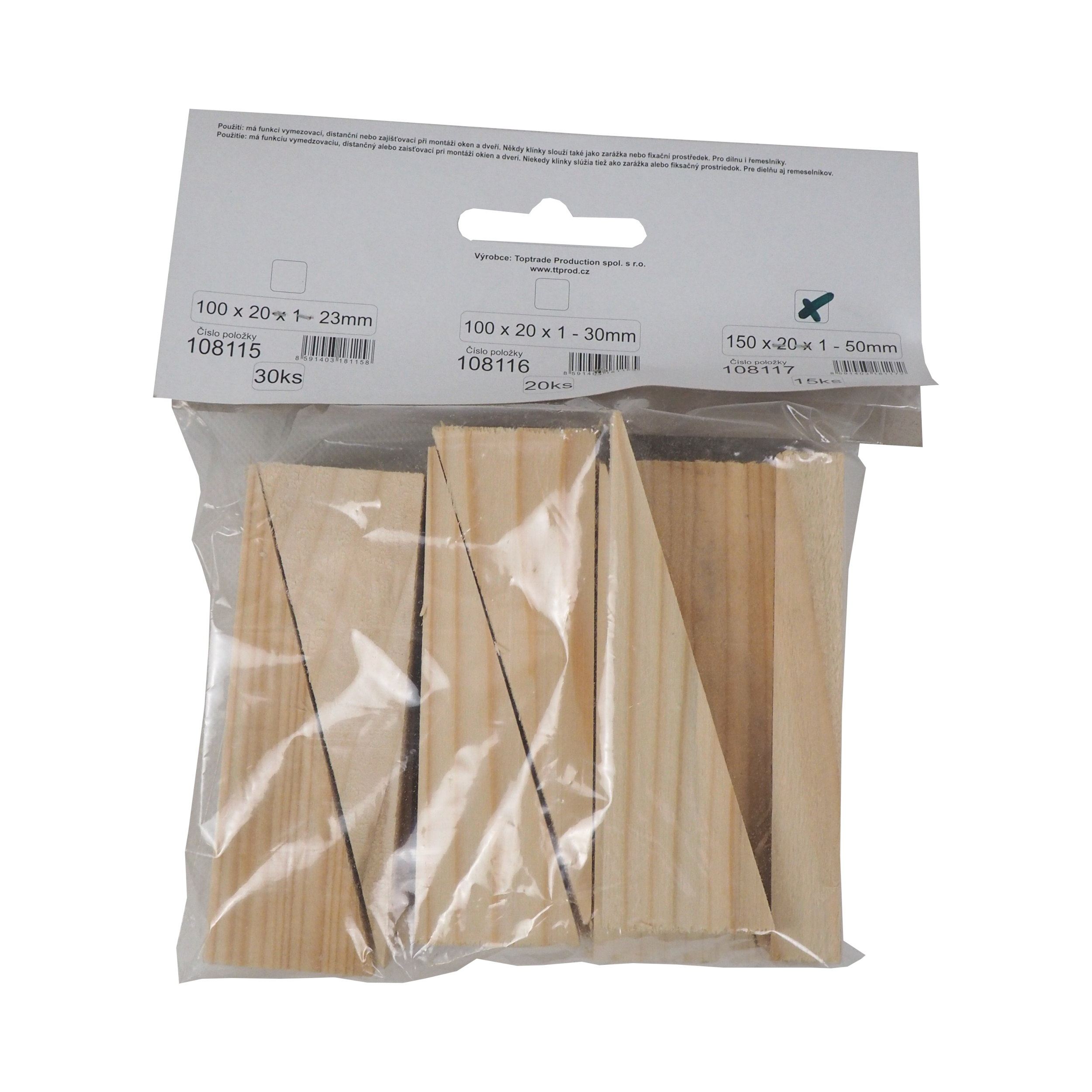 TOPTRADE klínky dřevěné, montážní – balení 15 ks (150 × 20 × 50 mm, 1 mm)