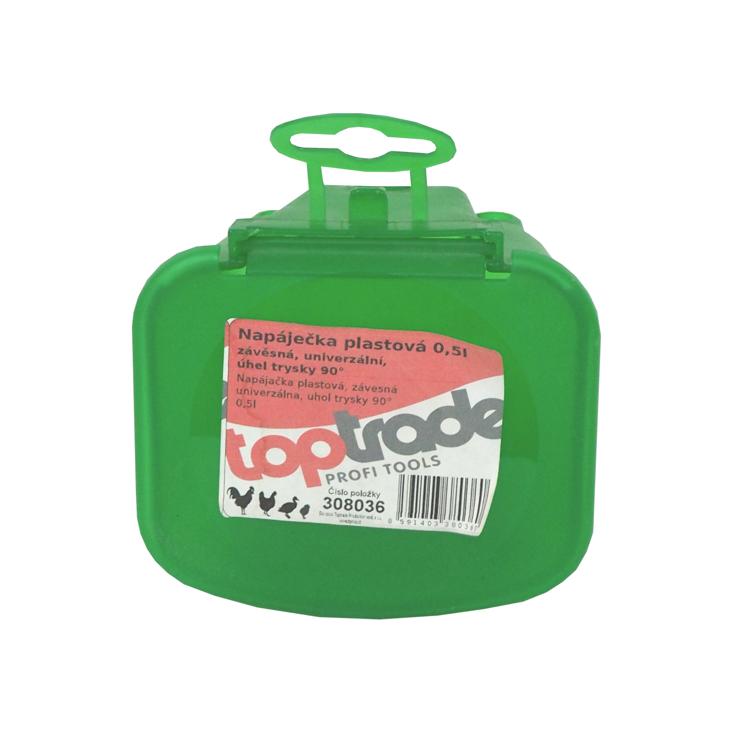 TOPTRADE niplová napáječka závěsná 0,5 l – plast, 90° nipl