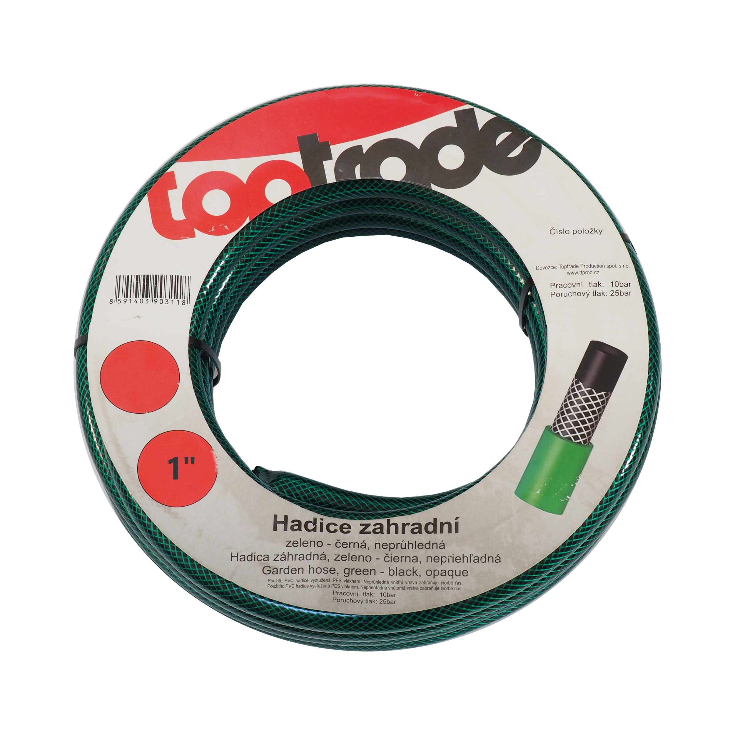 Zahradní hadice TOPTRADE 1'' (25 mm) 10 m – zeleno‑černá