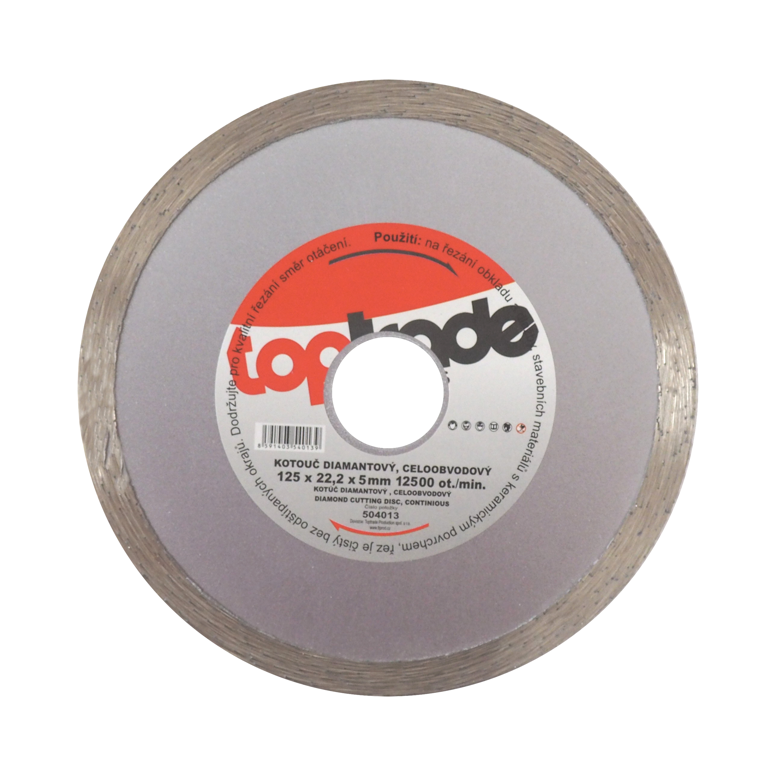 TOPTRADE diamantový kotouč 125 mm – celoobvodový, otvor 22,2 mm (standard)