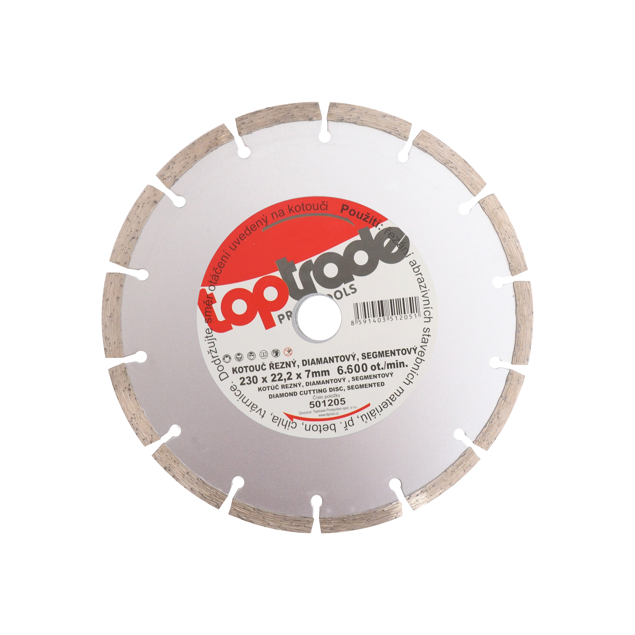 Levně TOPTRADE diamantový kotouč segmentový 230×22,2×7 mm (hobby) (Pro suché řezání betonu, cihel a tvárnic • otvor 22,2 mm)