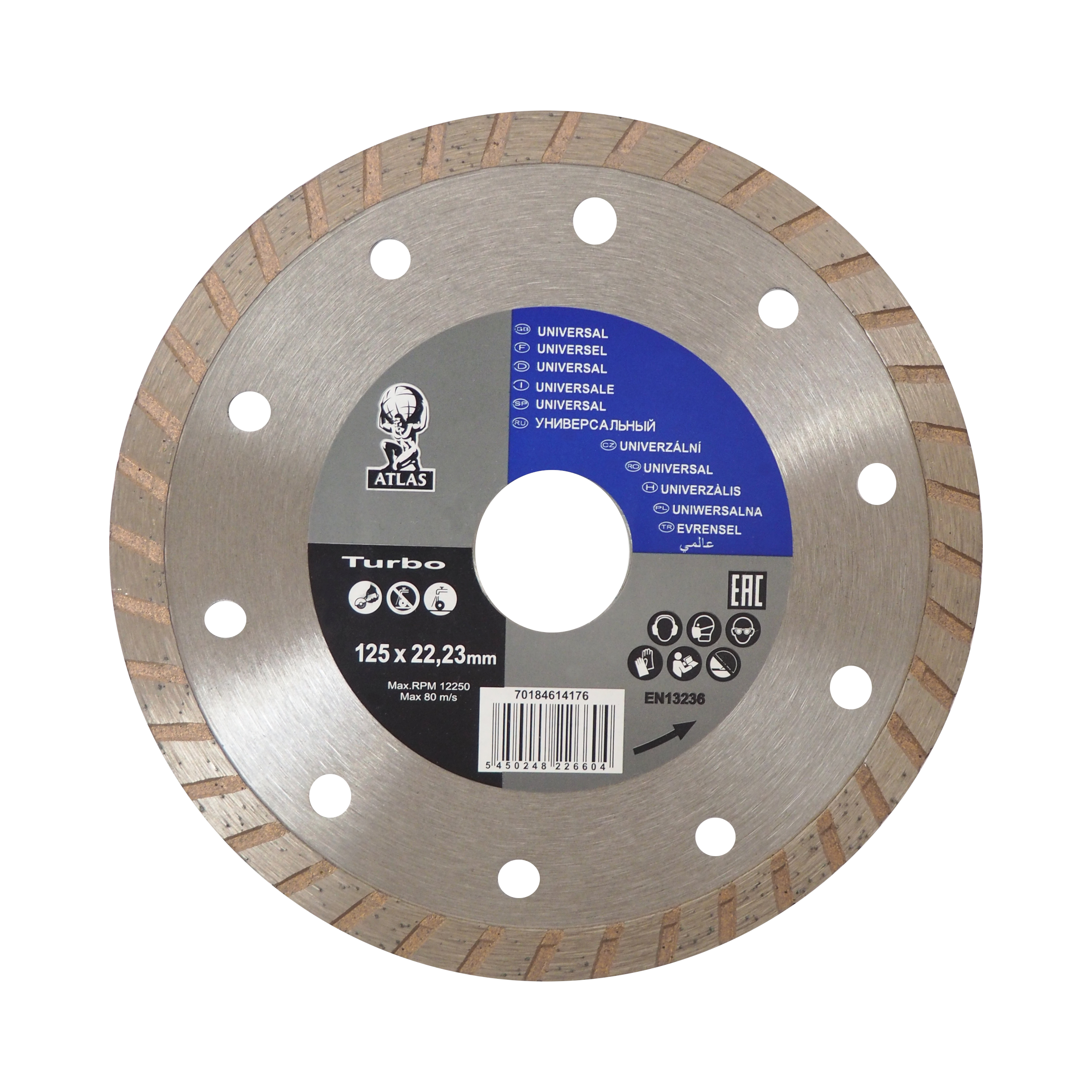Levně Diamantový kotouč Atlas Turbo 125 mm, otvor 22,23 mm, tl. 2,6 mm (turbo hrana, pro suché řezání stavebních materiálů)