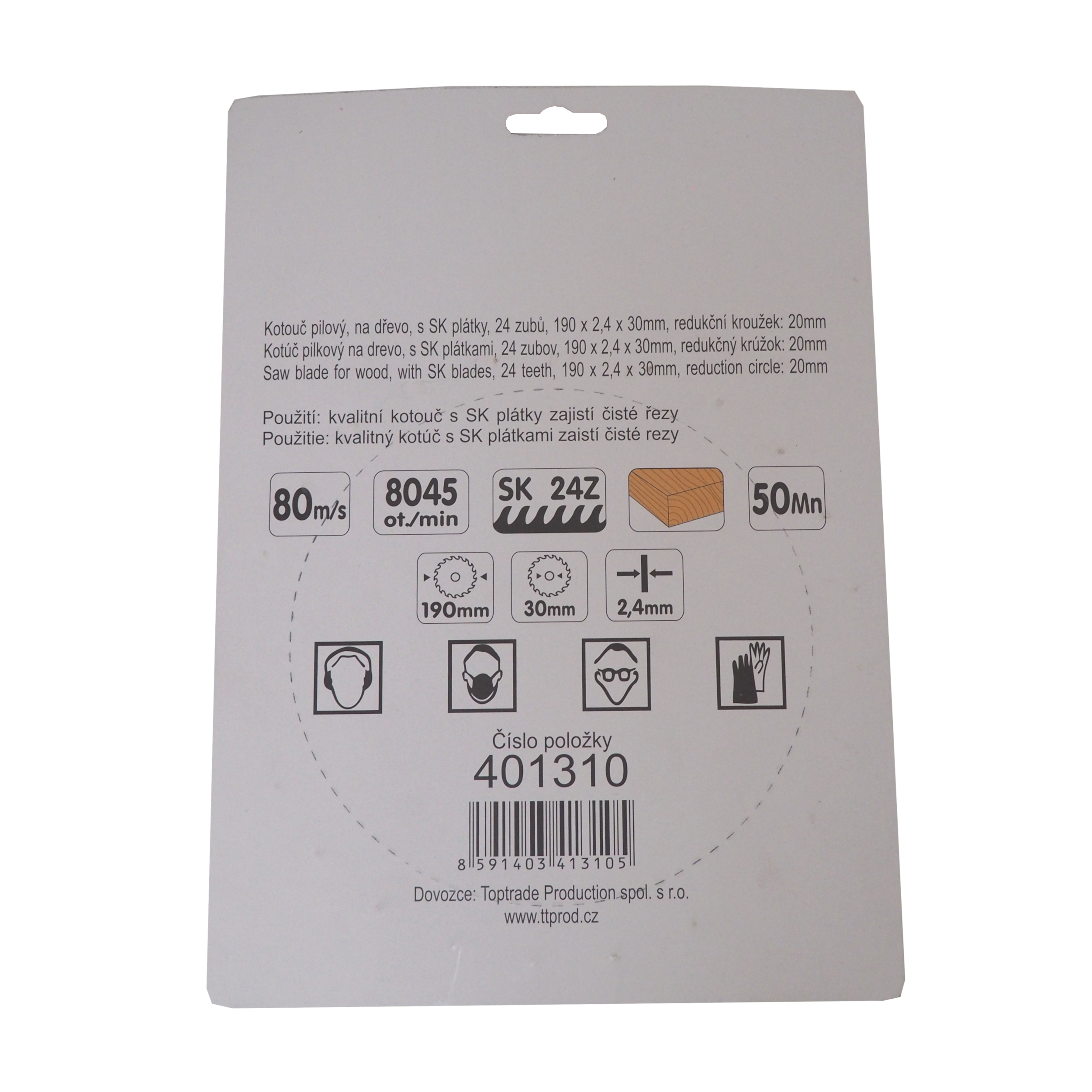 TOPTRADE pilový kotouč na dřevo 190×2,4×30/20 mm, 24 zubů (SK)