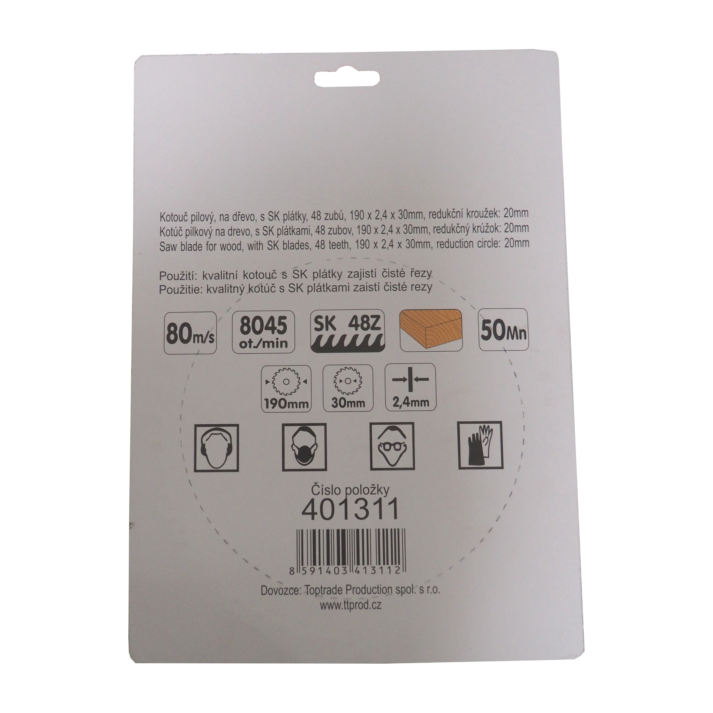 TOPTRADE pilový kotouč na dřevo 190 × 2,4 × 30/20 mm, 48 zubů, SK