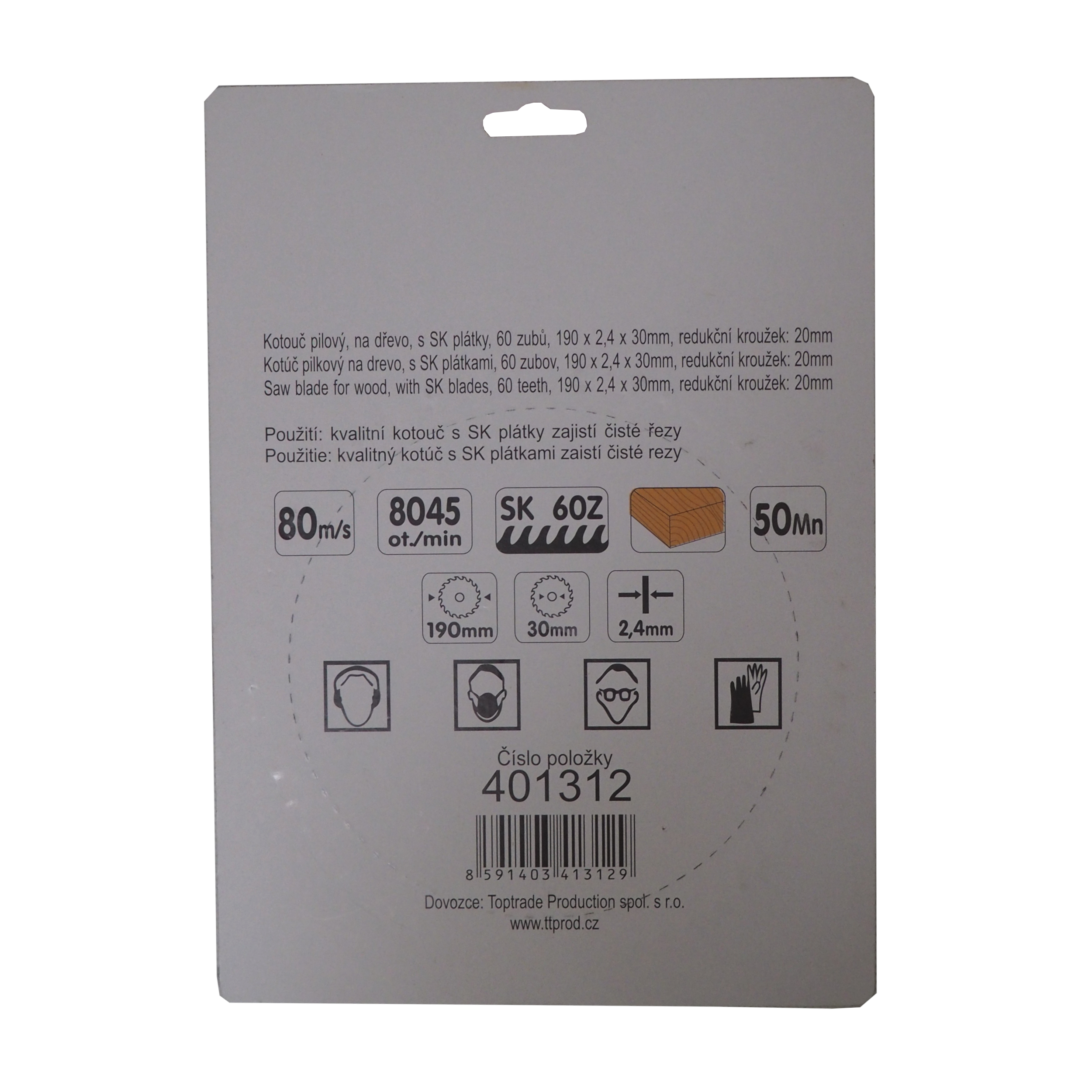 TOPTRADE pilový kotouč na dřevo 190 × 2,4 × 30/20 mm, 60 zubů (SK)