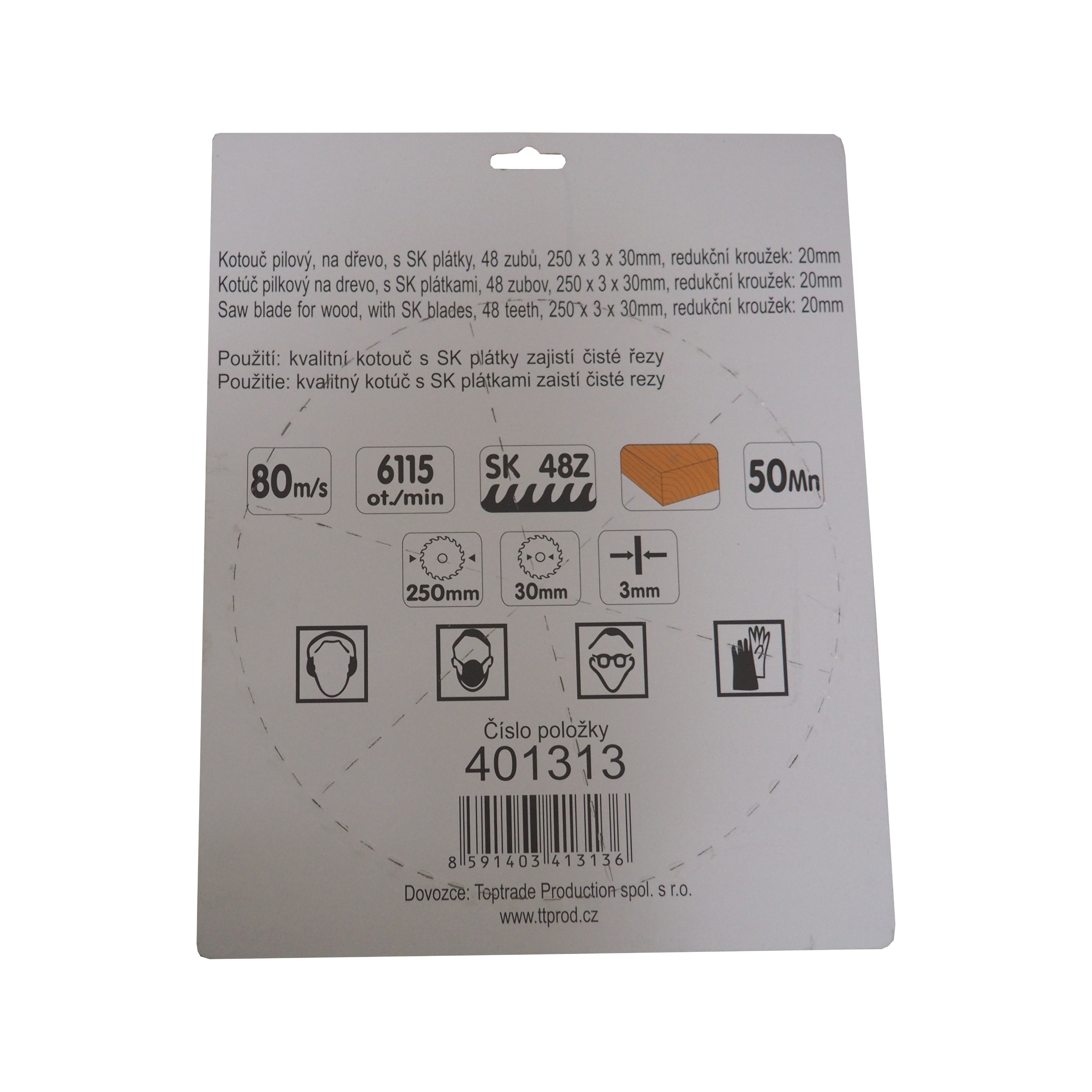 TOPTRADE pilový kotouč na dřevo 250 × 3 × 30/20 mm, 48 zubů, SK