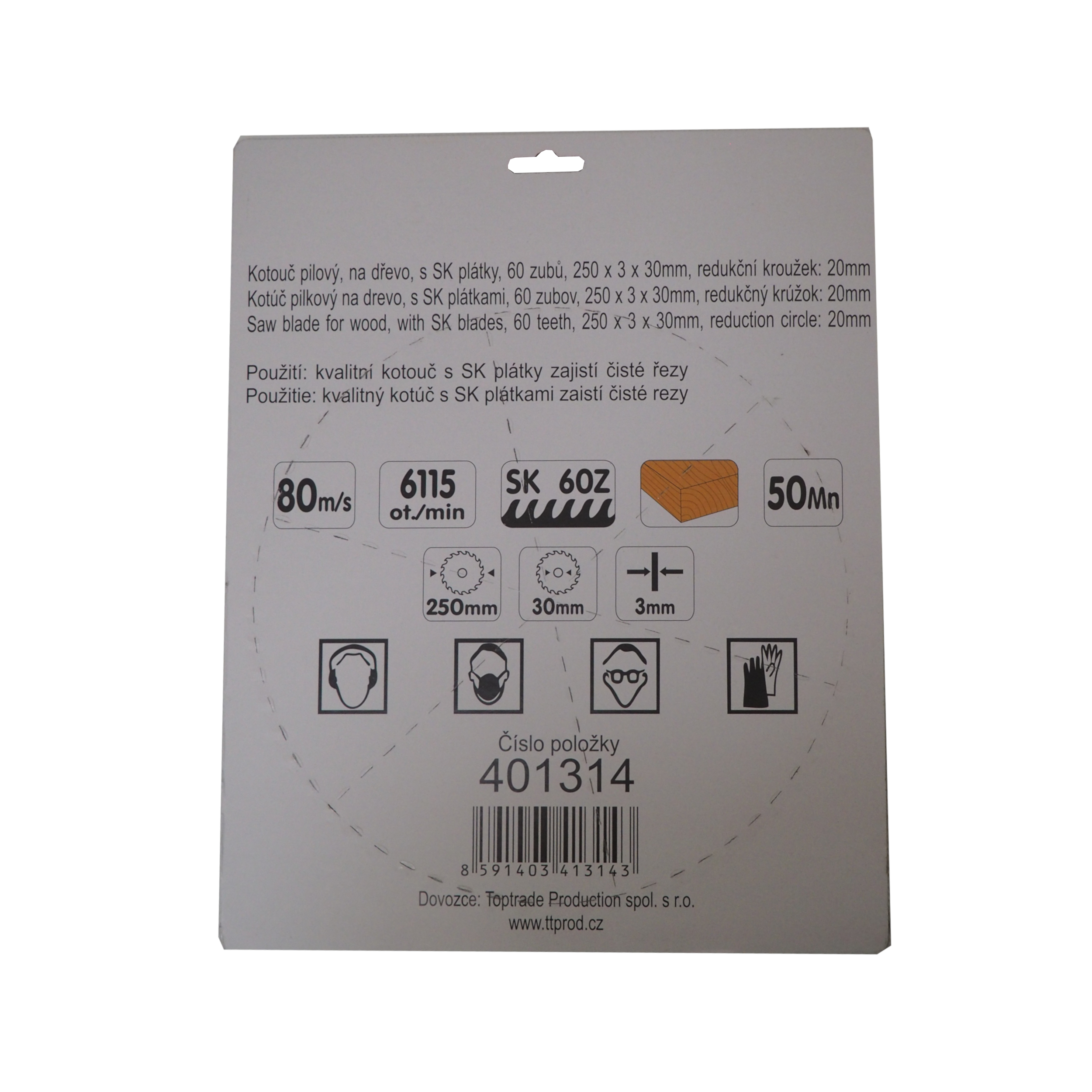 TOPTRADE pilový kotouč na dřevo 250 × 3 × 30/20 mm, 60 zubů, SK