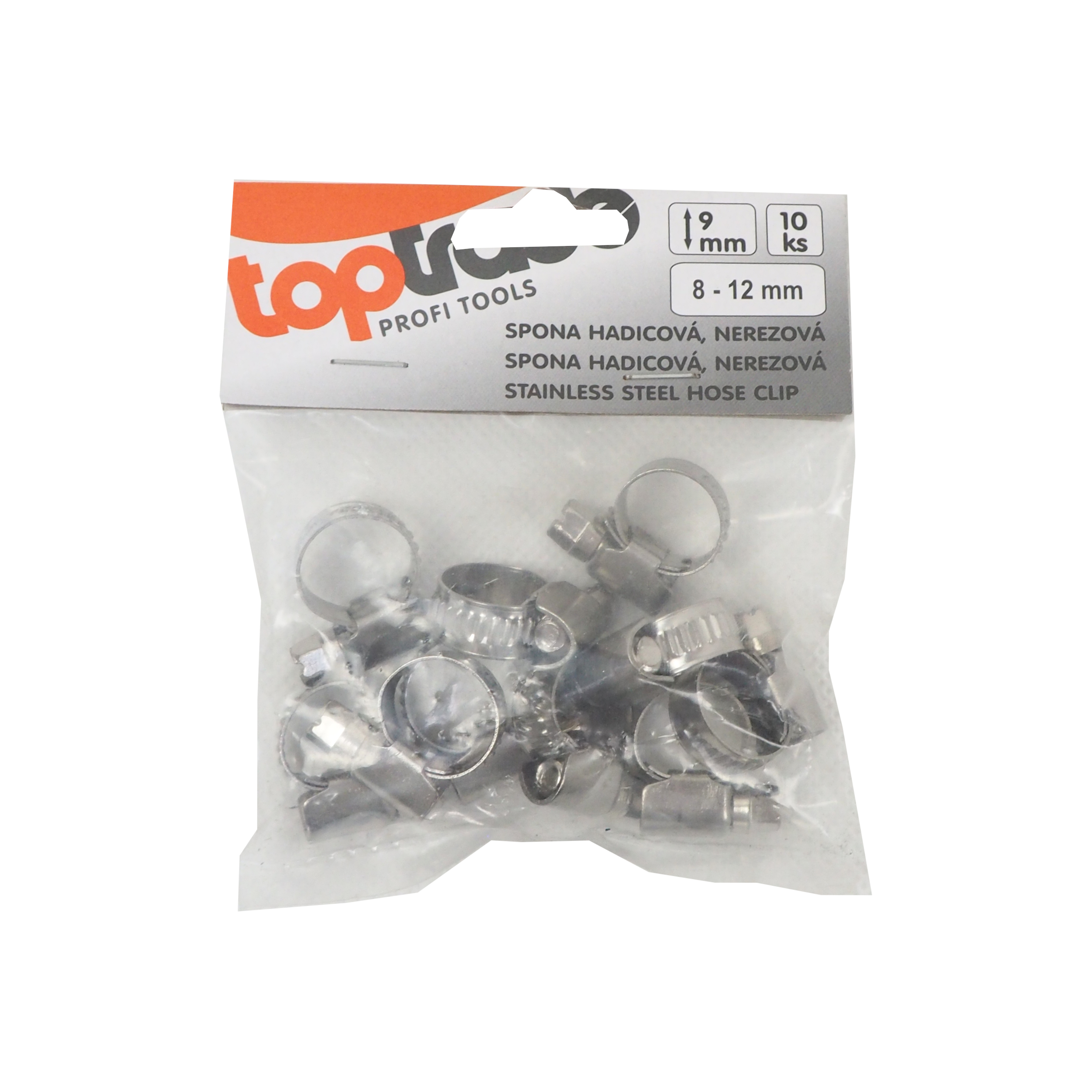 TOPTRADE nerezová hadicová spona 8–12 mm, sada 10 ks (páska 9 mm)