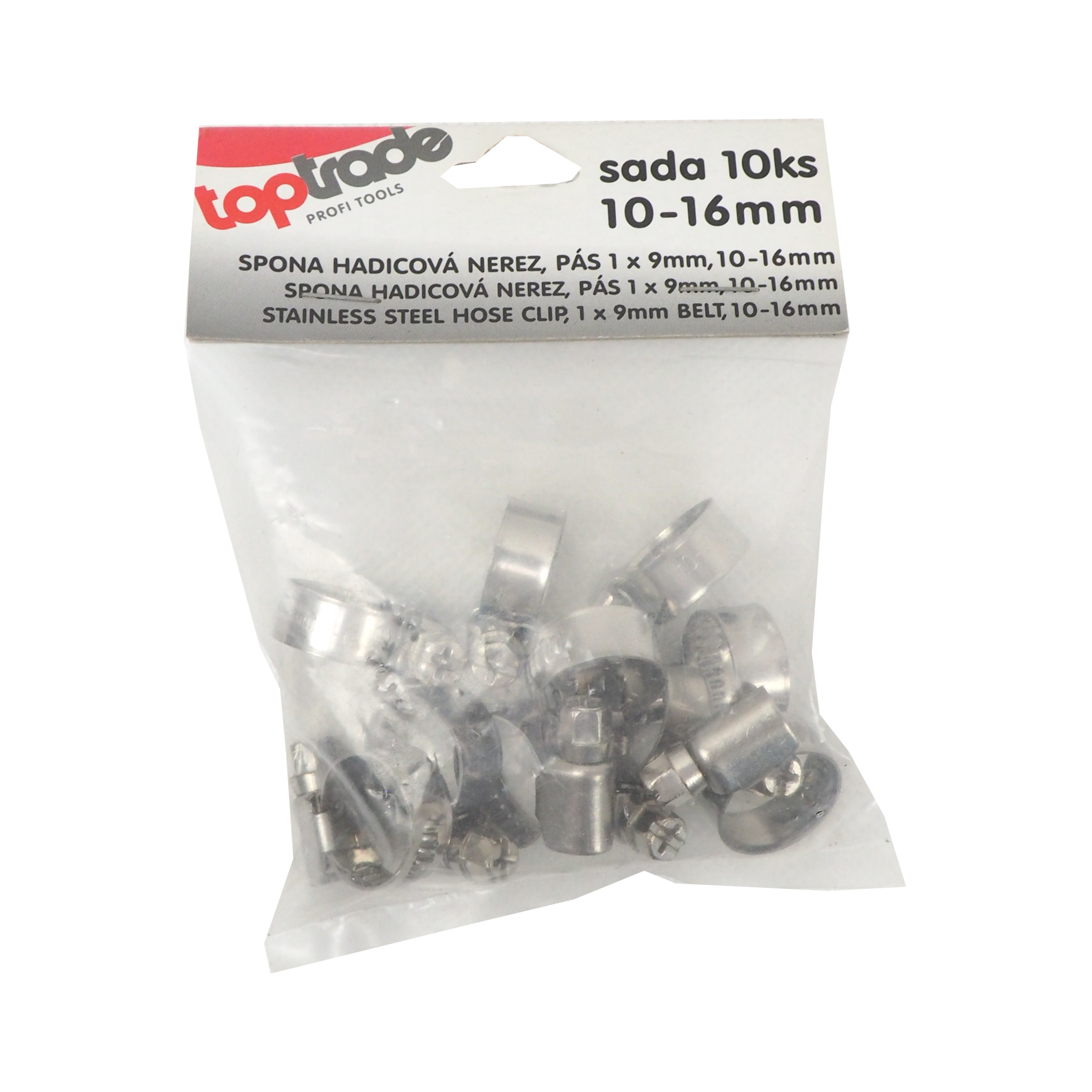 TOPTRADE hadicové spony nerez 10–16 mm, šířka 9 mm, sada 10 ks