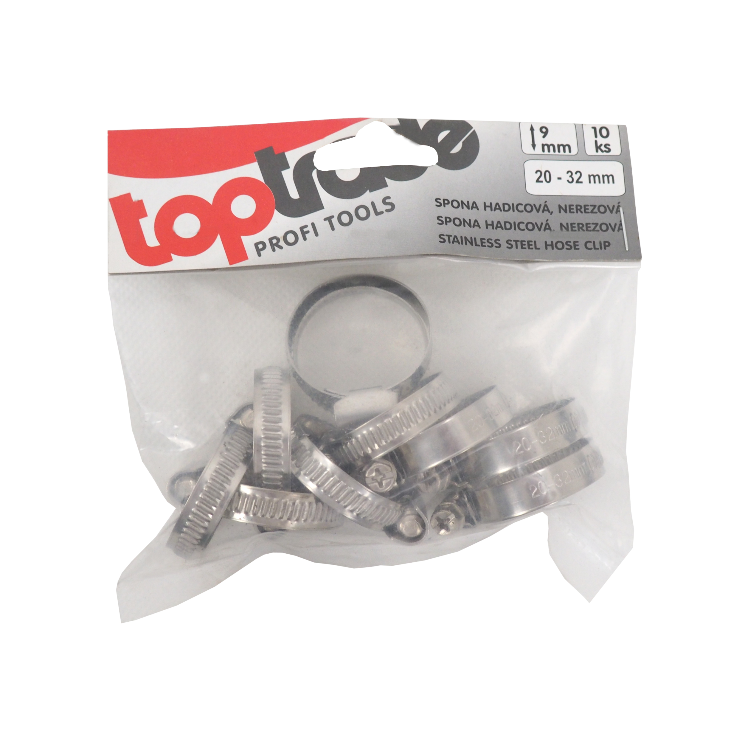 TOPTRADE nerezové hadicové spony 20–32 mm – 10 ks, páska 9 mm