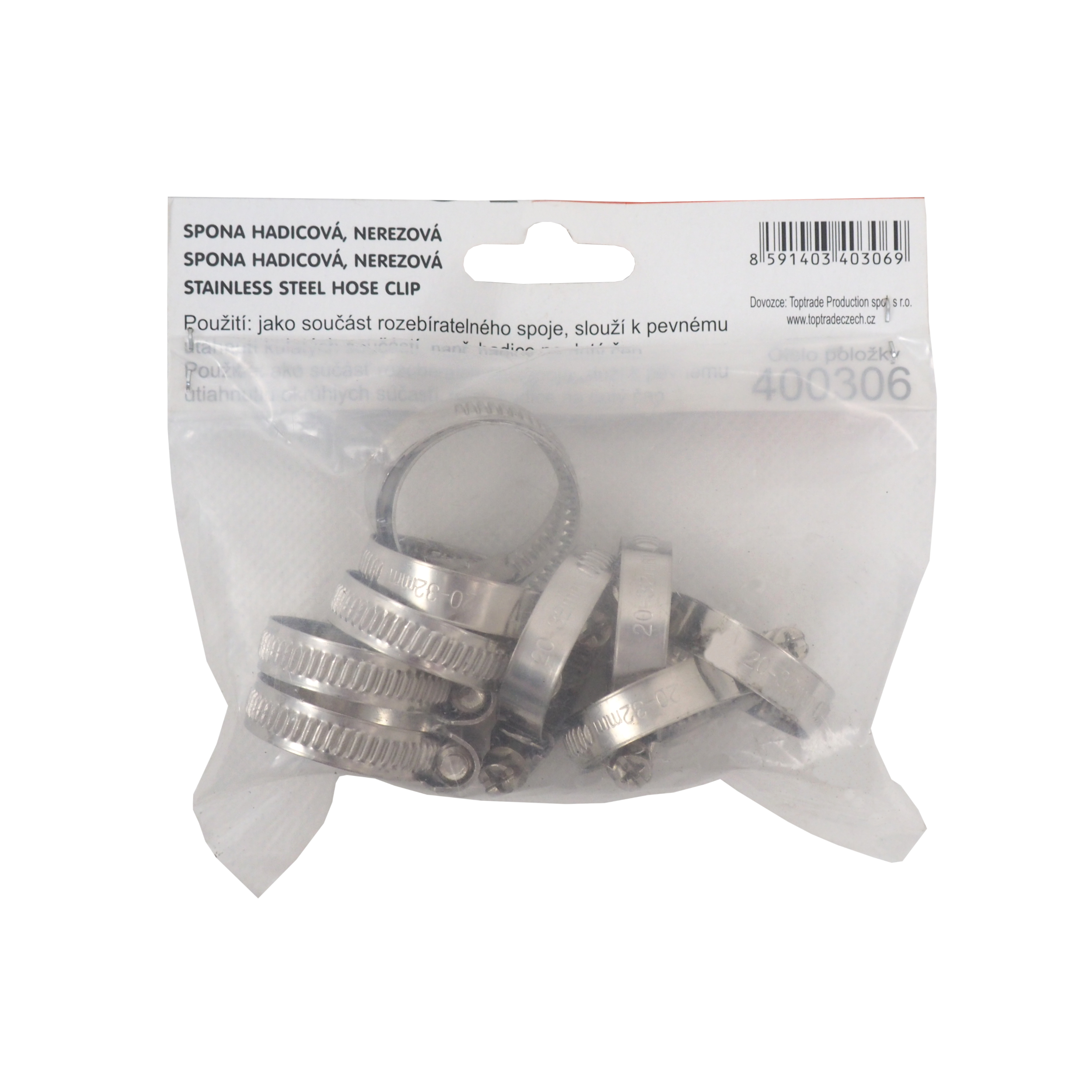 TOPTRADE nerezové hadicové spony 20–32 mm – 10 ks, páska 9 mm
