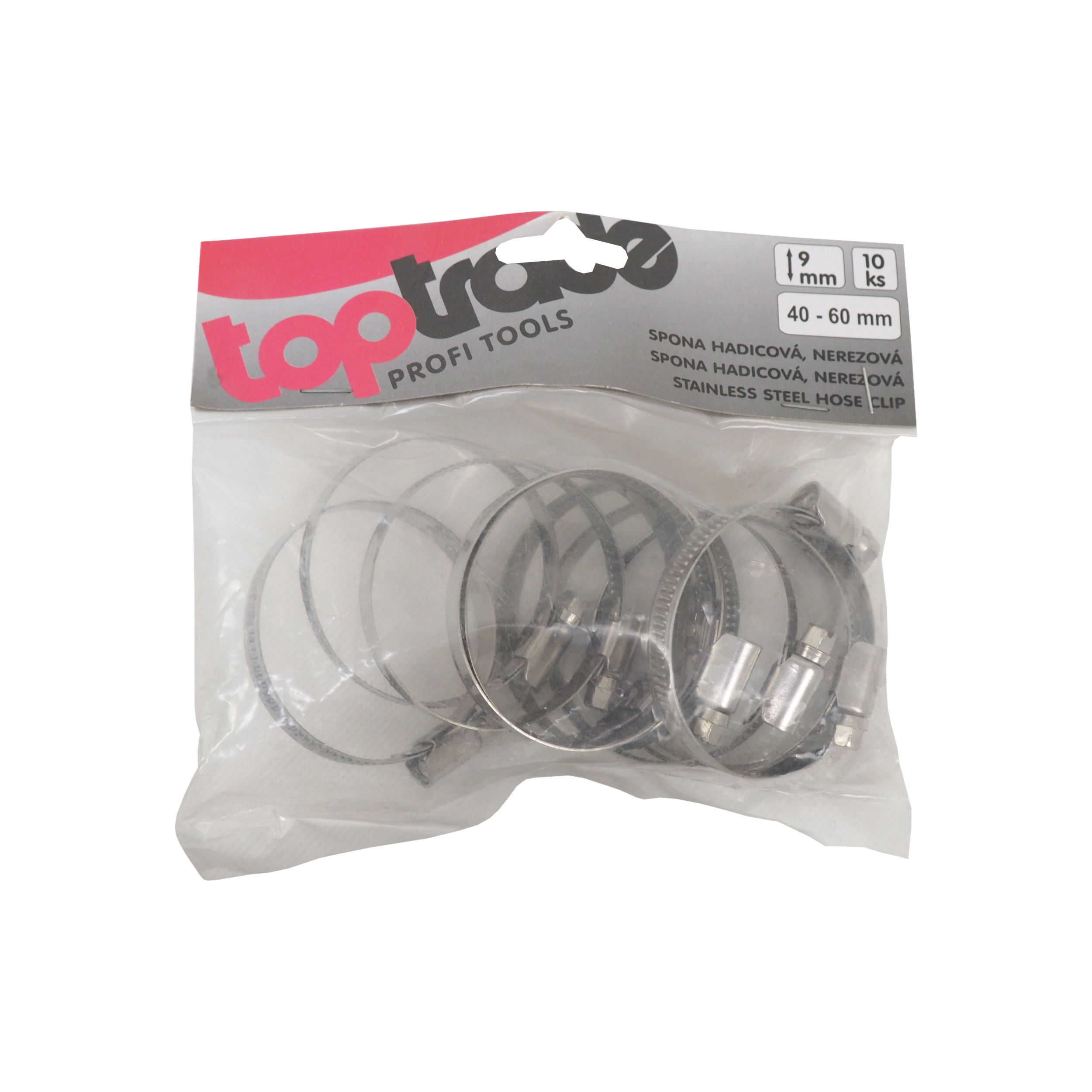 TOPTRADE nerezové hadicové spony 50–70 mm, sada 10 ks (páska 9 mm)