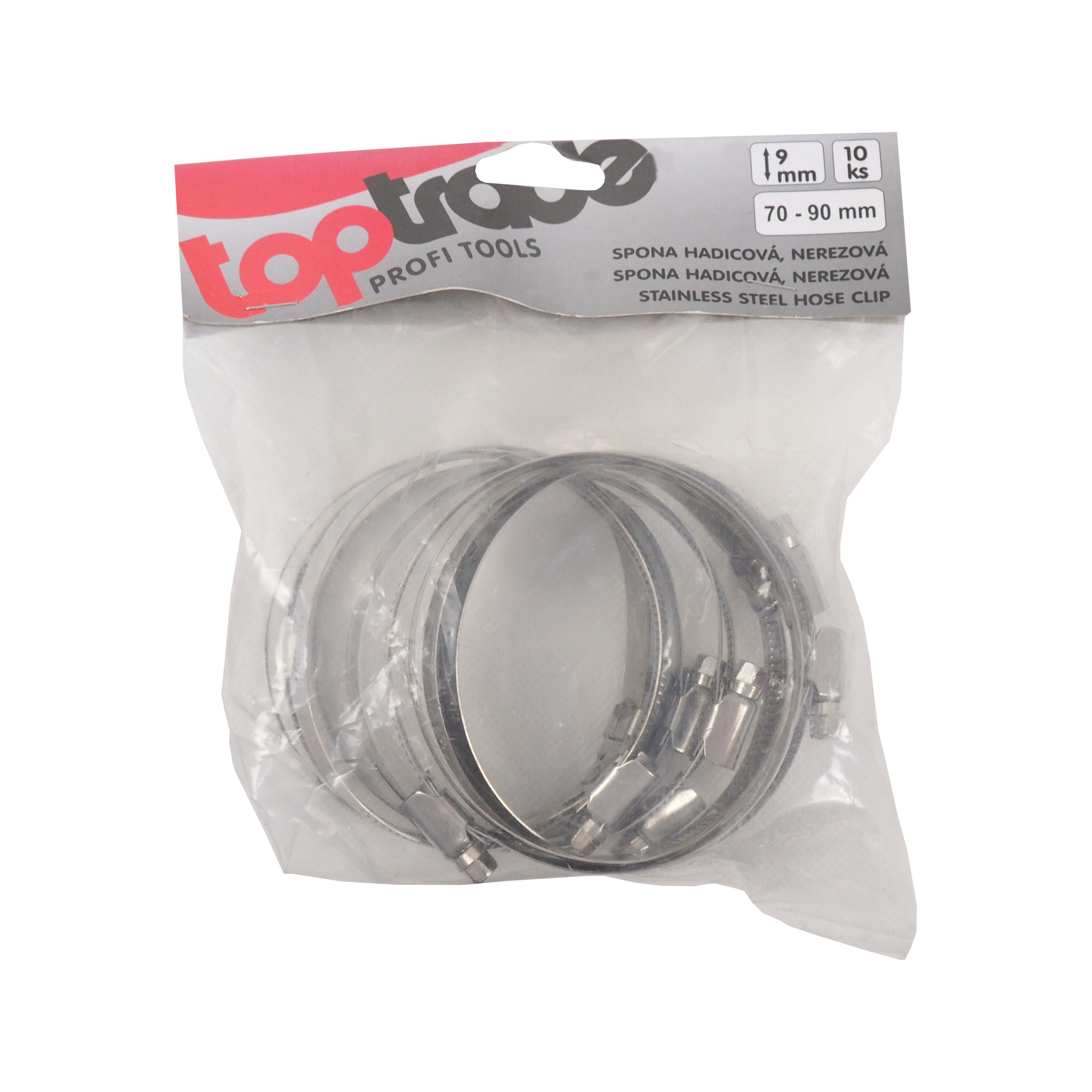 TOPTRADE nerezové hadicové spony 70–90 mm – sada 10 ks