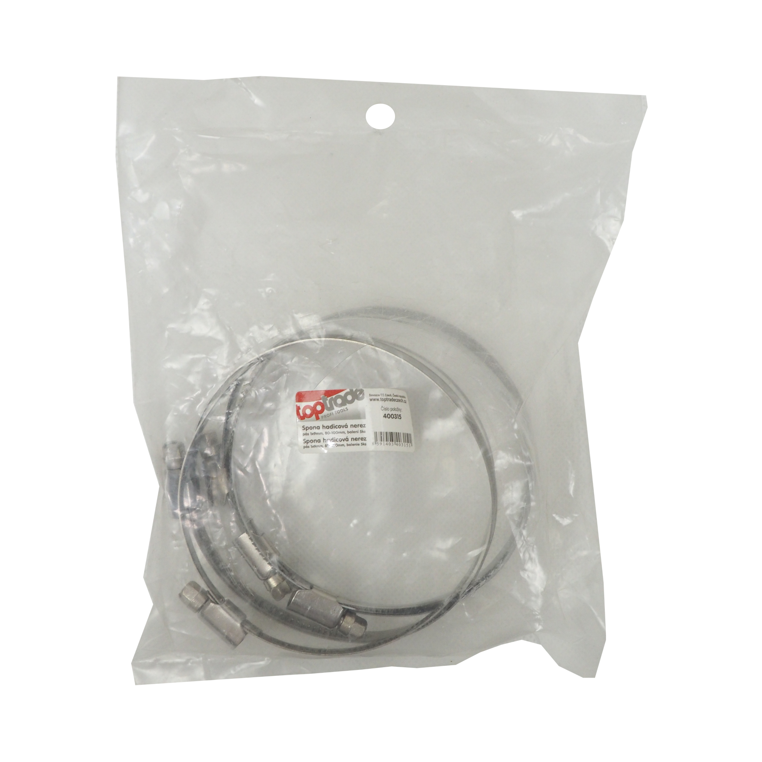TOPTRADE nerezové hadicové spony 80–100 mm – sada 5 ks (šířka 9 mm)