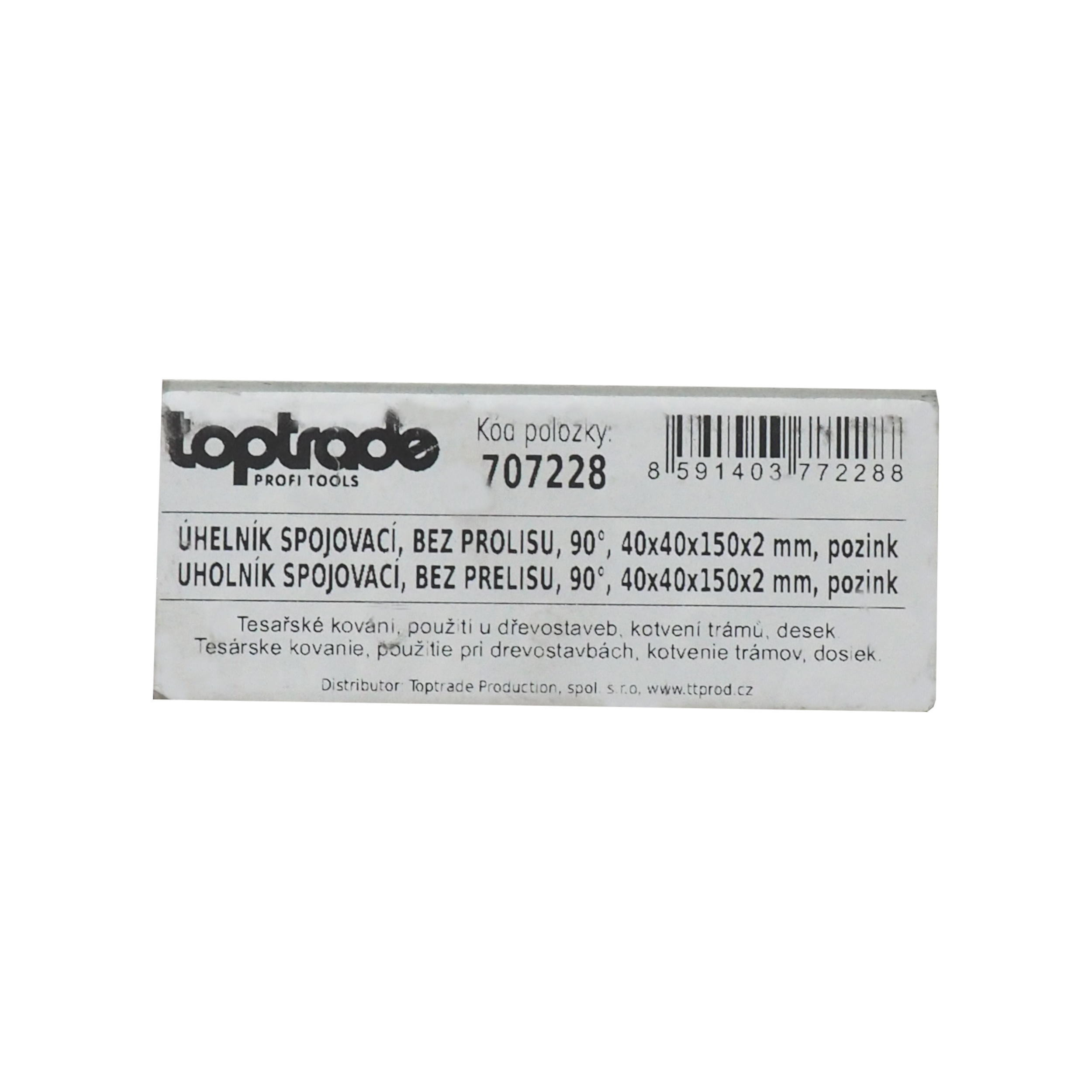 TOPTRADE spojovací úhelník 90° 40×40×150×2 mm – bez prolisu, pozink