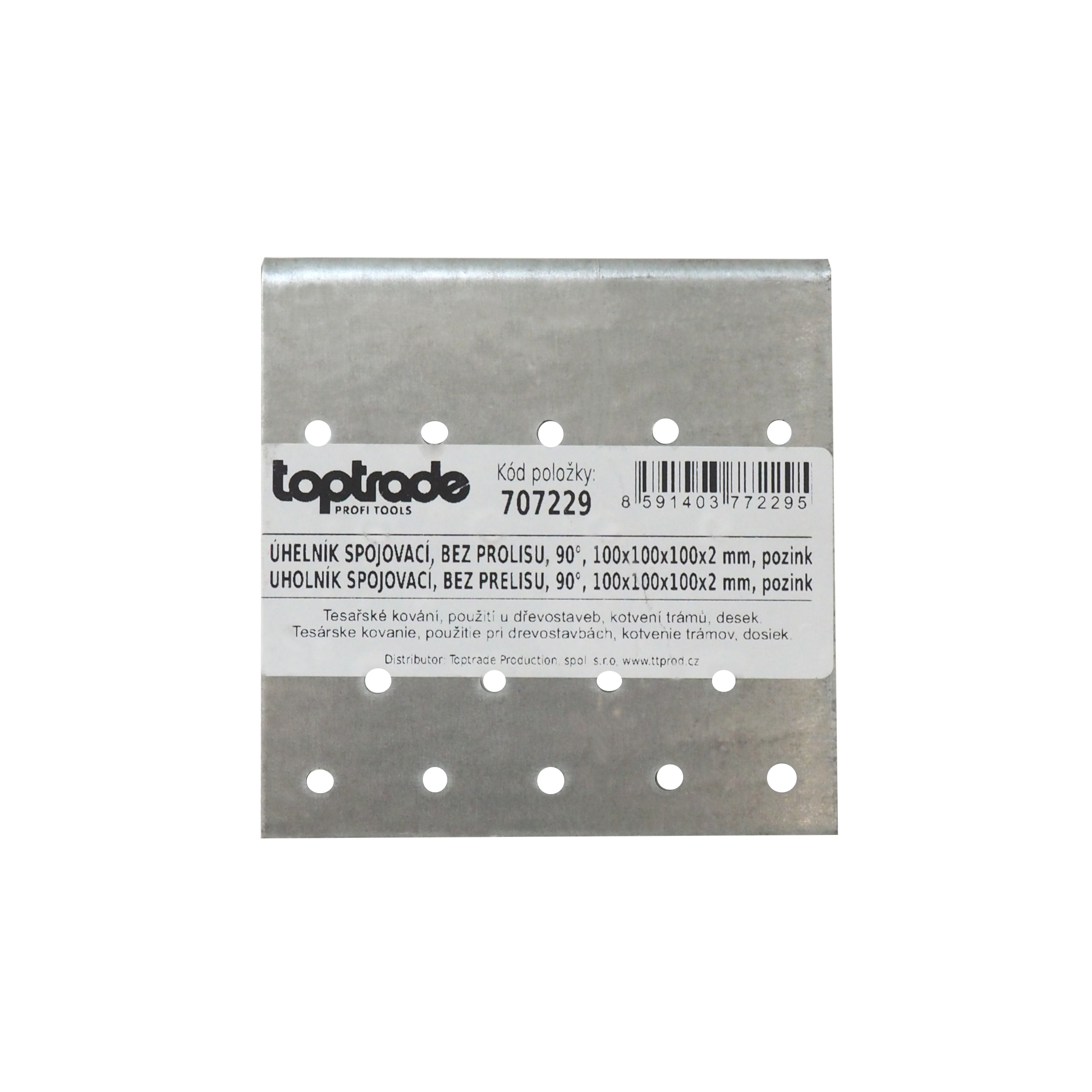 TOPTRADE spojovací úhelník 90° 100×100×100×2 mm, bez prolisu, pozink