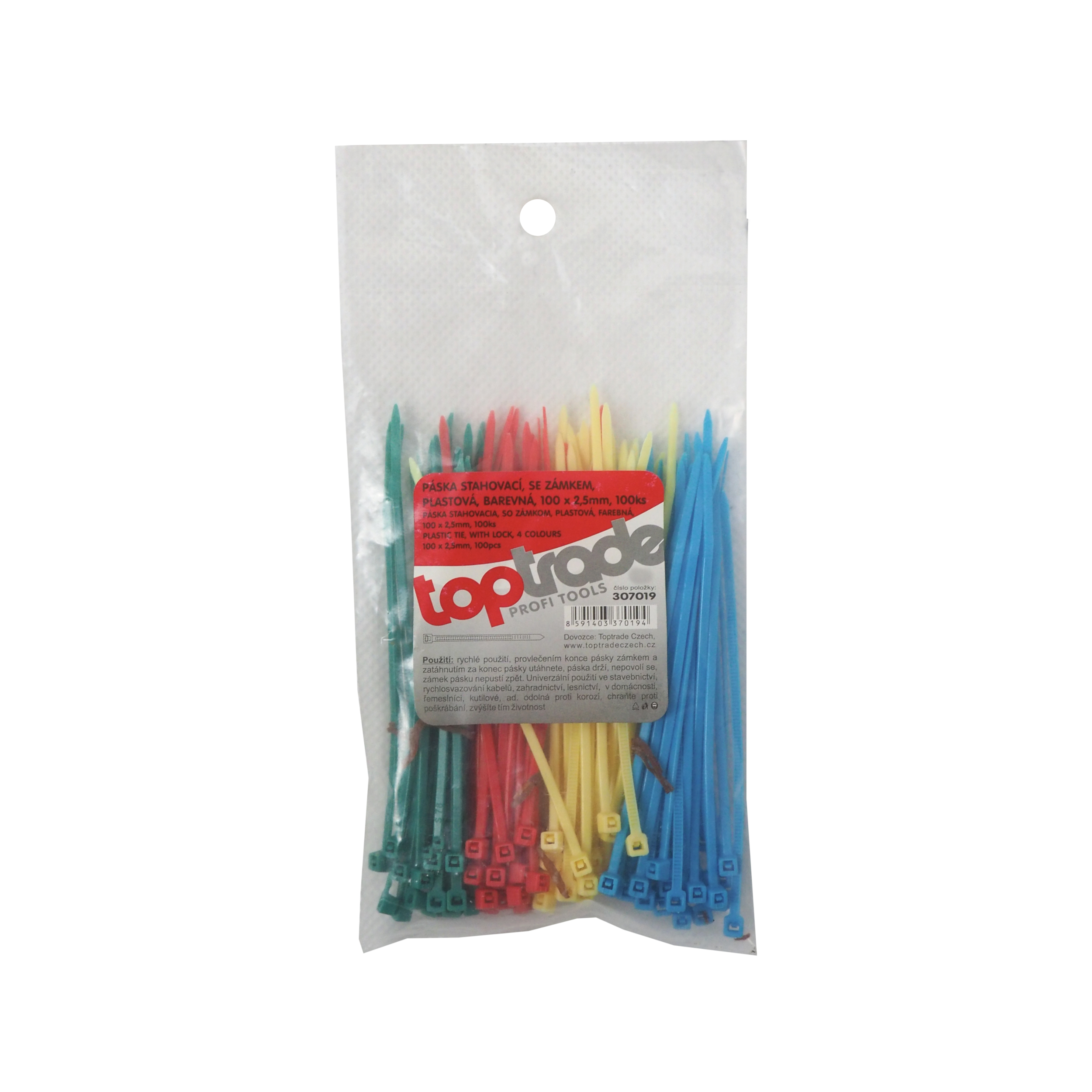 TOPTRADE plastové stahovací pásky se zámkem, barevné, 100 ks, 100×2,5 mm