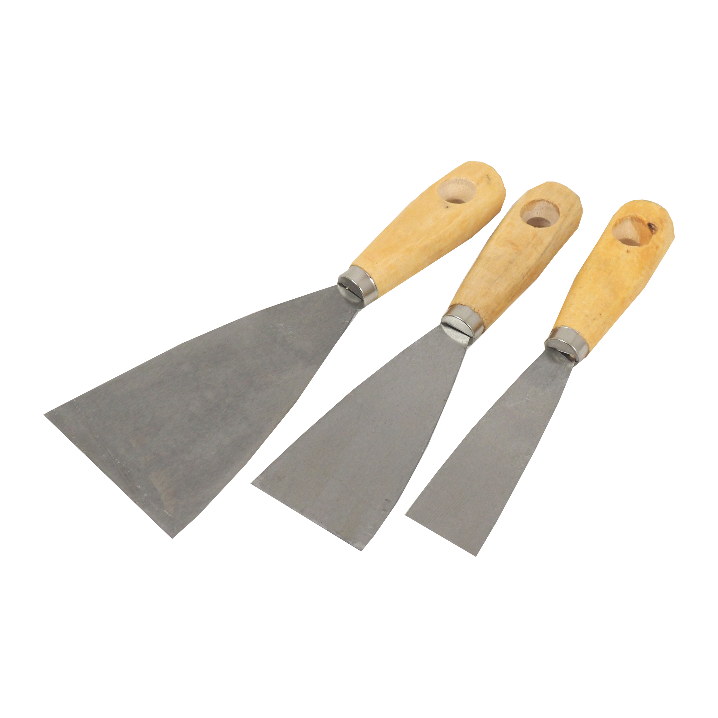 Levně TOPTRADE špachtle – sada 3 ks (30/50/80 mm), ocel, dřevěná rukojeť (Nýtované spojení čepele, hobby použití)