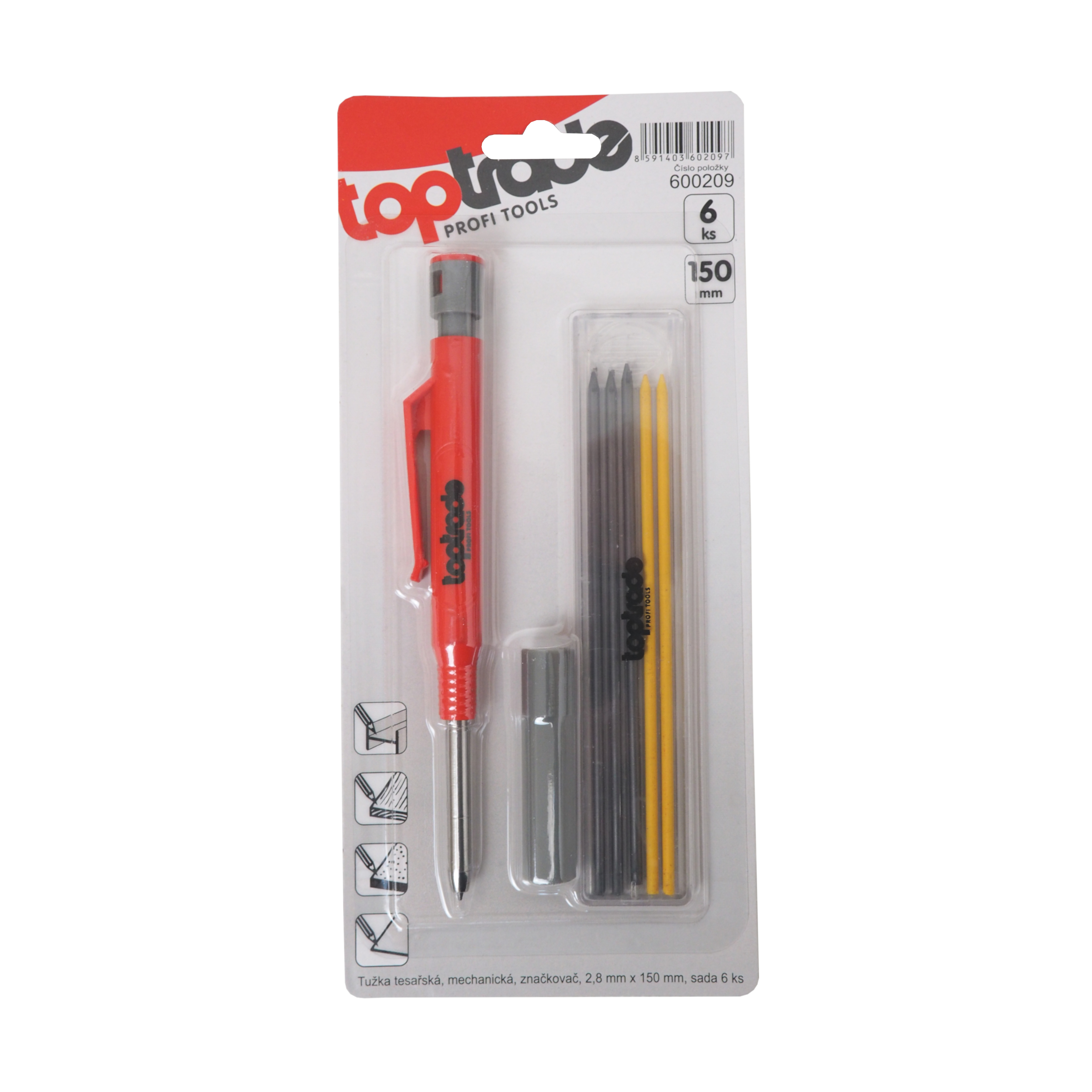 TOPTRADE mechanická tesařská tužka 150 mm, 2,8 mm – sada 6 ks