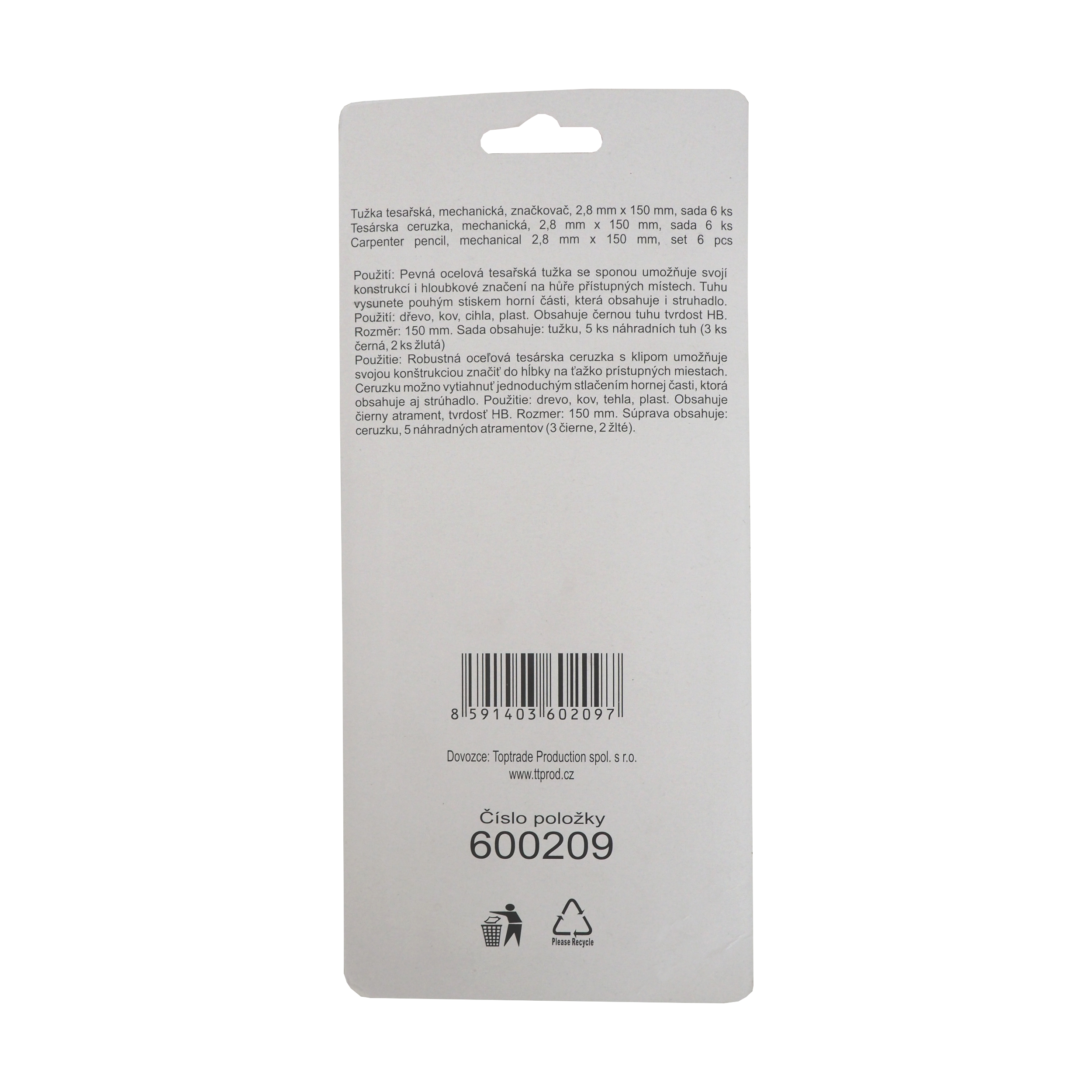 TOPTRADE mechanická tesařská tužka 150 mm, 2,8 mm – sada 6 ks