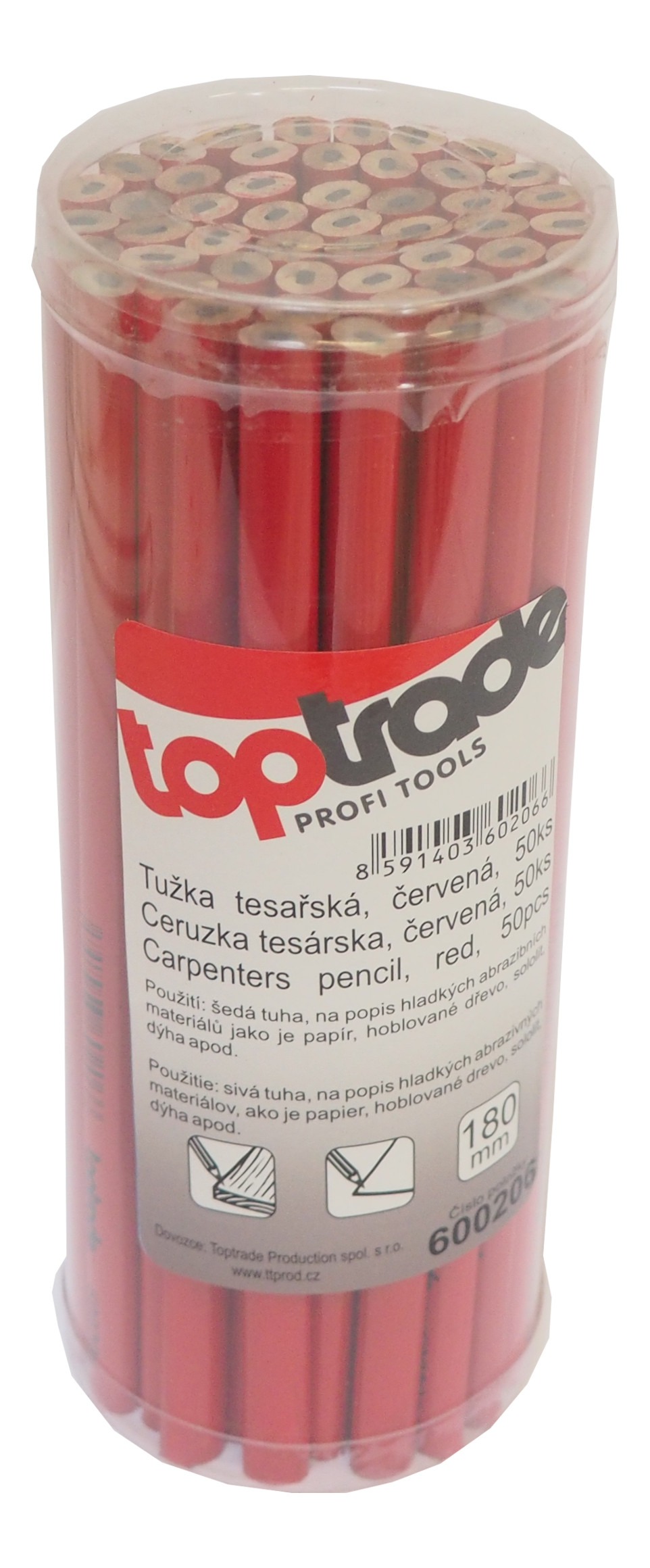 TOPTRADE tesařská tužka červená, 180 mm, dóza 50 ks