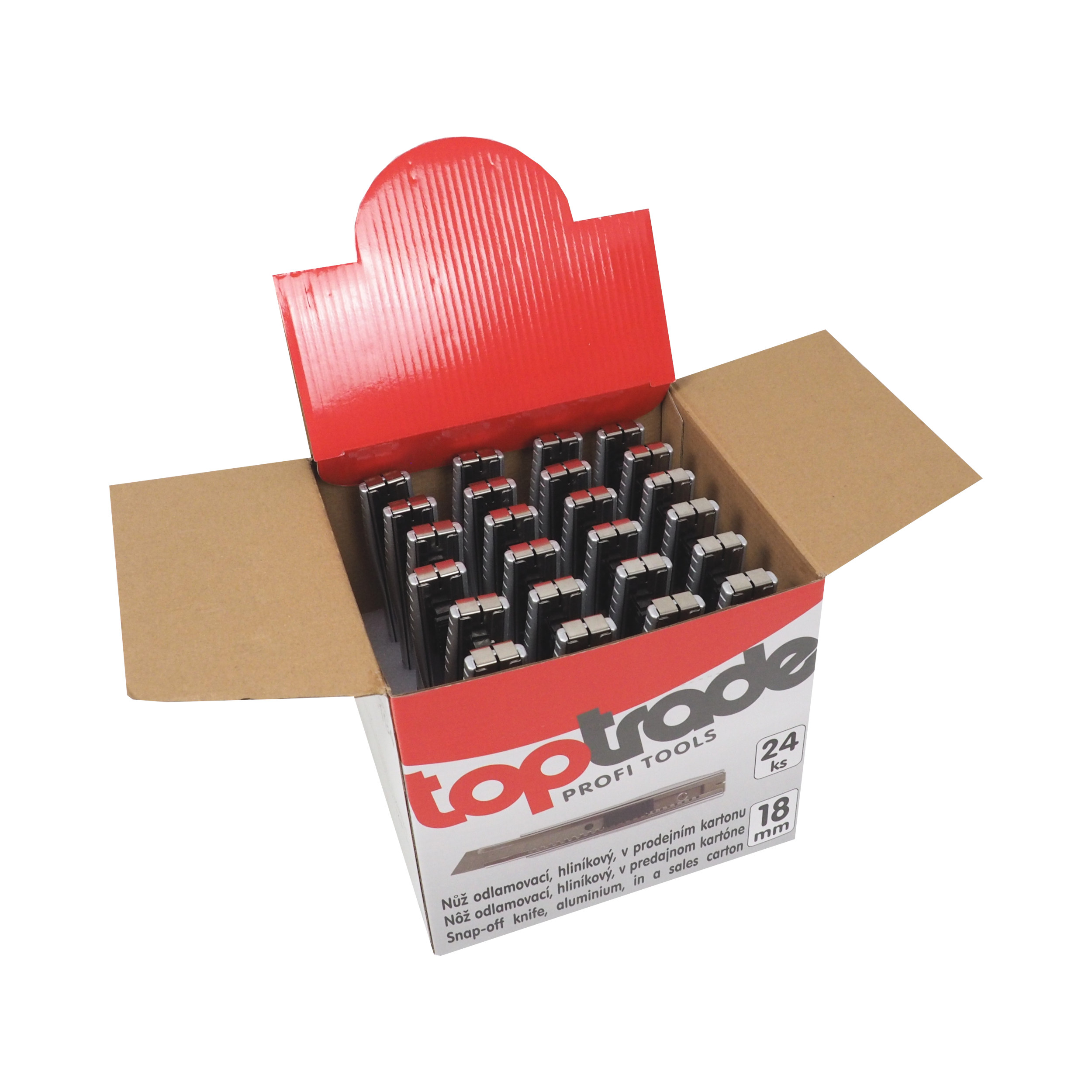 TOPTRADE odlamovací nůž 18 mm, hliníkový – prodejní box 24 ks