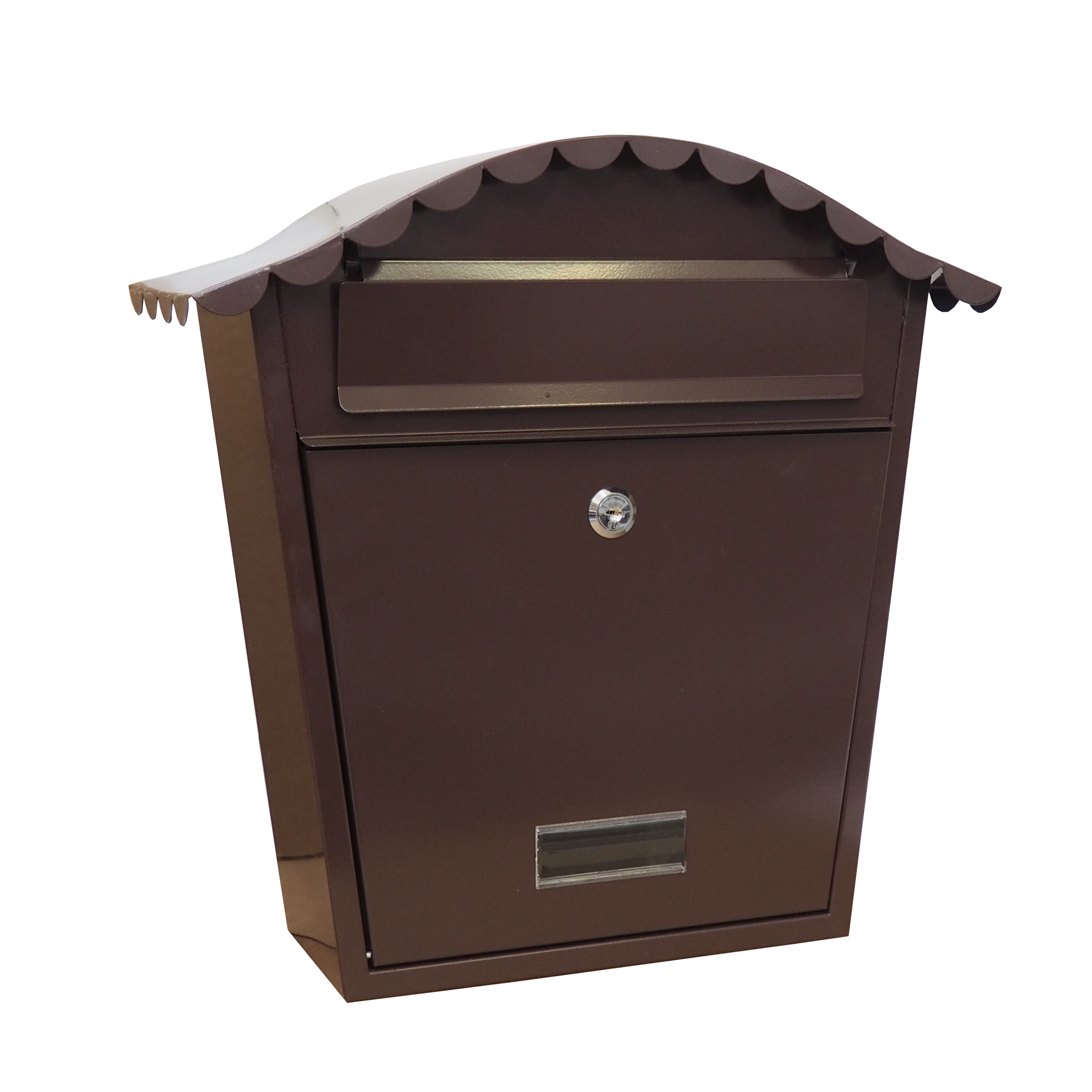 TOPTRADE kovová dopisní schránka, hnědá, 370 × 364 × 134 mm – dvířka, čelní vhoz, štítek, stříška