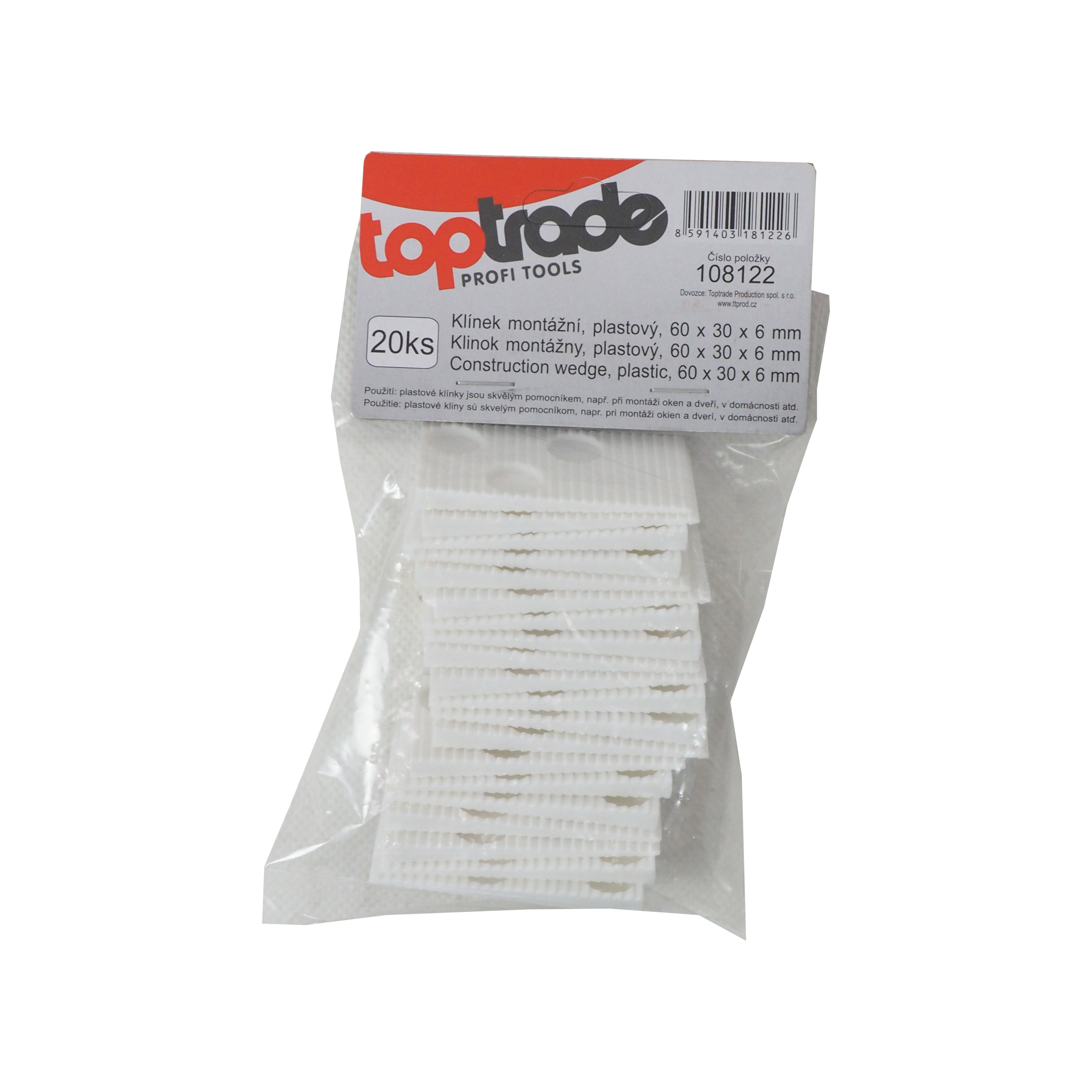 TOPTRADE montážní klínky plastové, sada 20 ks, 60 × 30 × 6 mm