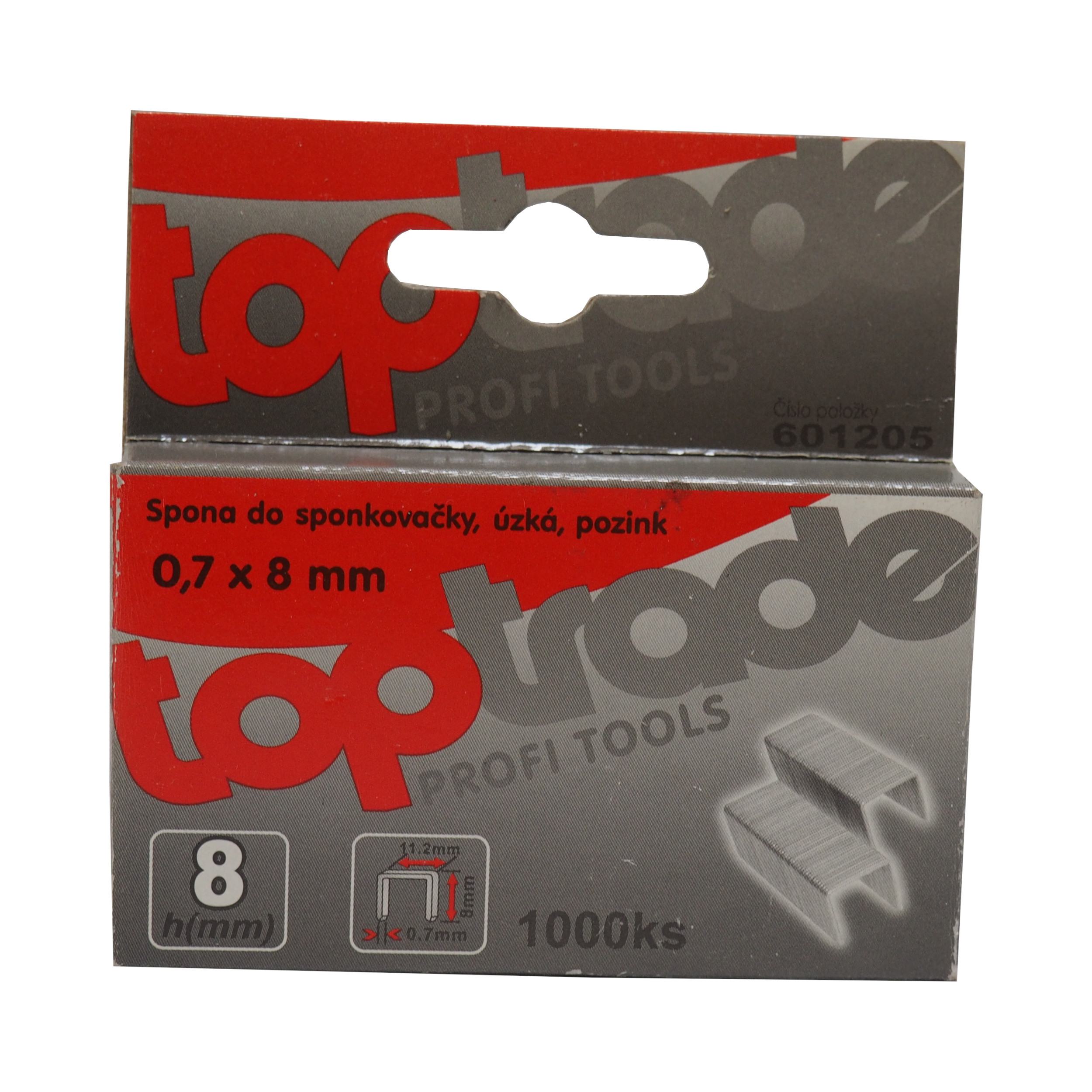 TOPTRADE úzké spony do sponkovačky 0,7×10 mm, pozink – 1000 ks