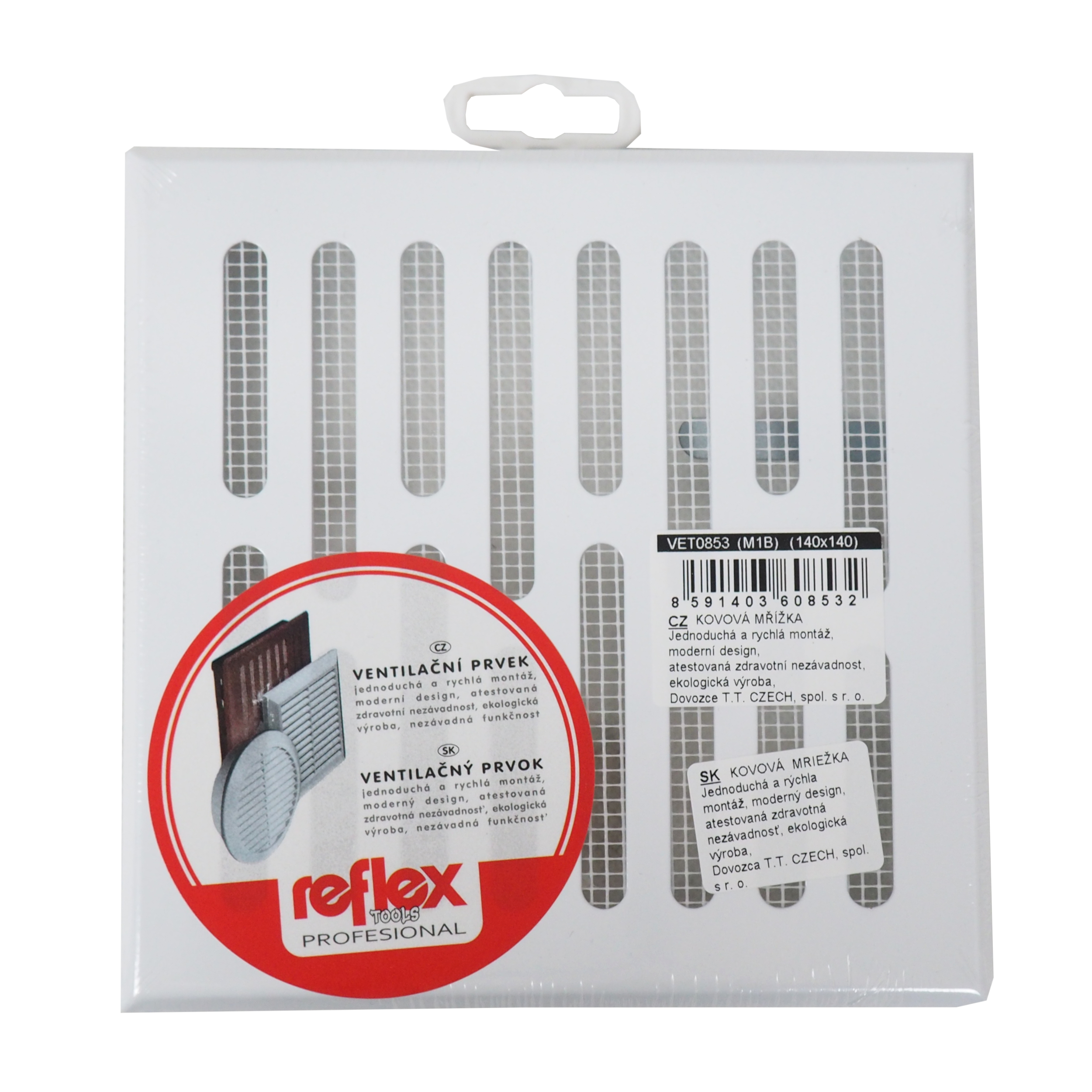 REFLEX větrací mřížka 155×155 mm – kovová bílá se síťkou