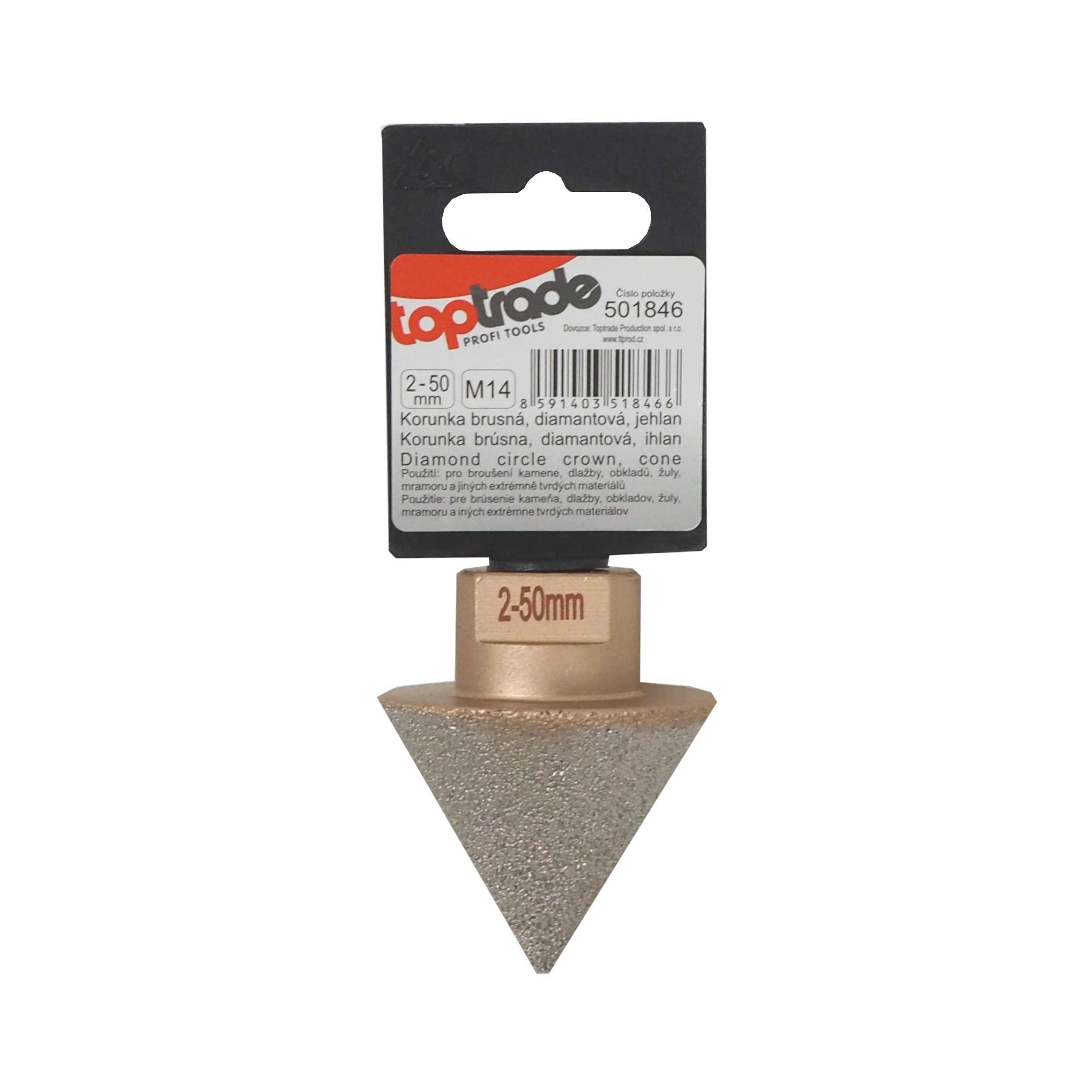 TOPTRADE korunka brusná diamantová M14, jehlan 2, 50 mm
